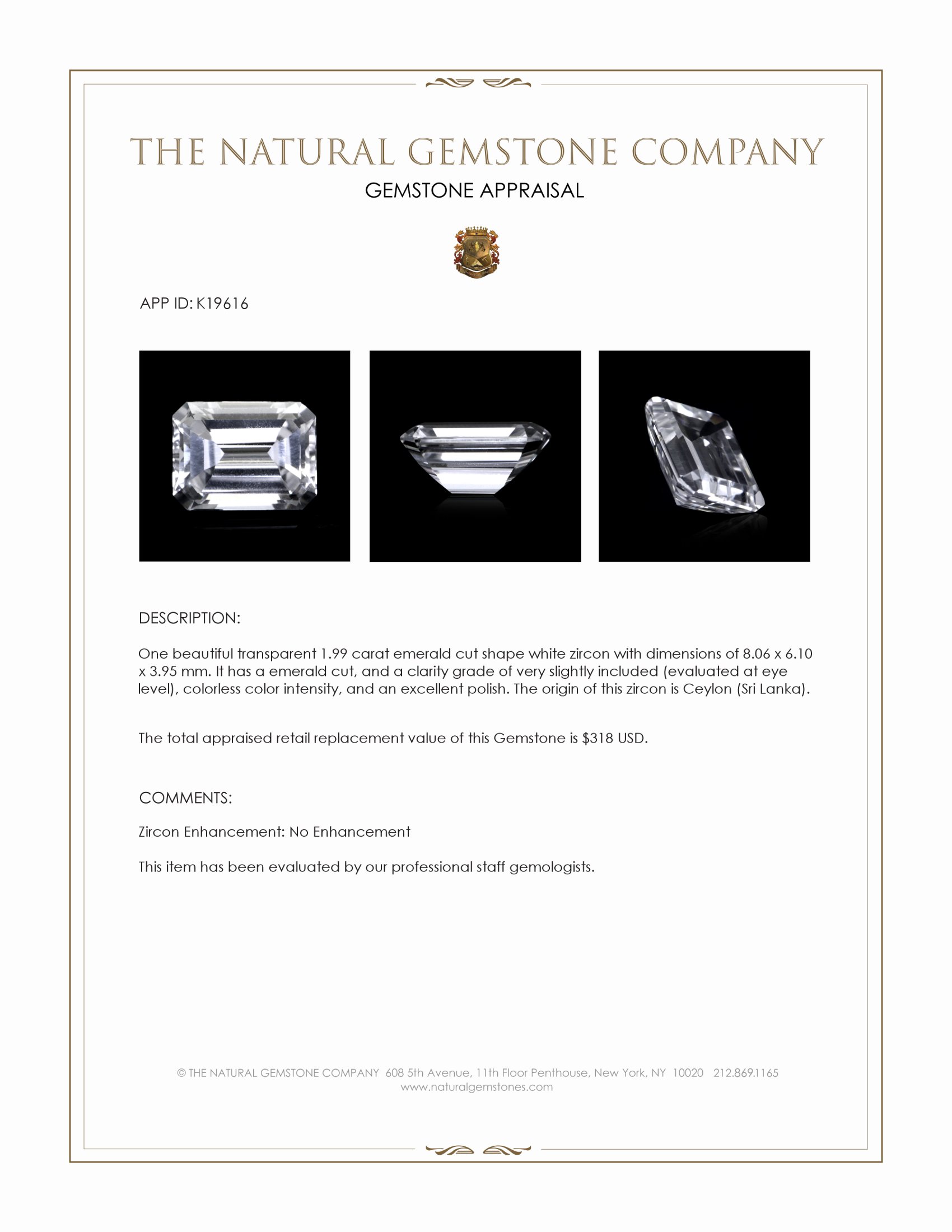 1.99 Ct. White Zircon from Ceylon (Sri Lanka)