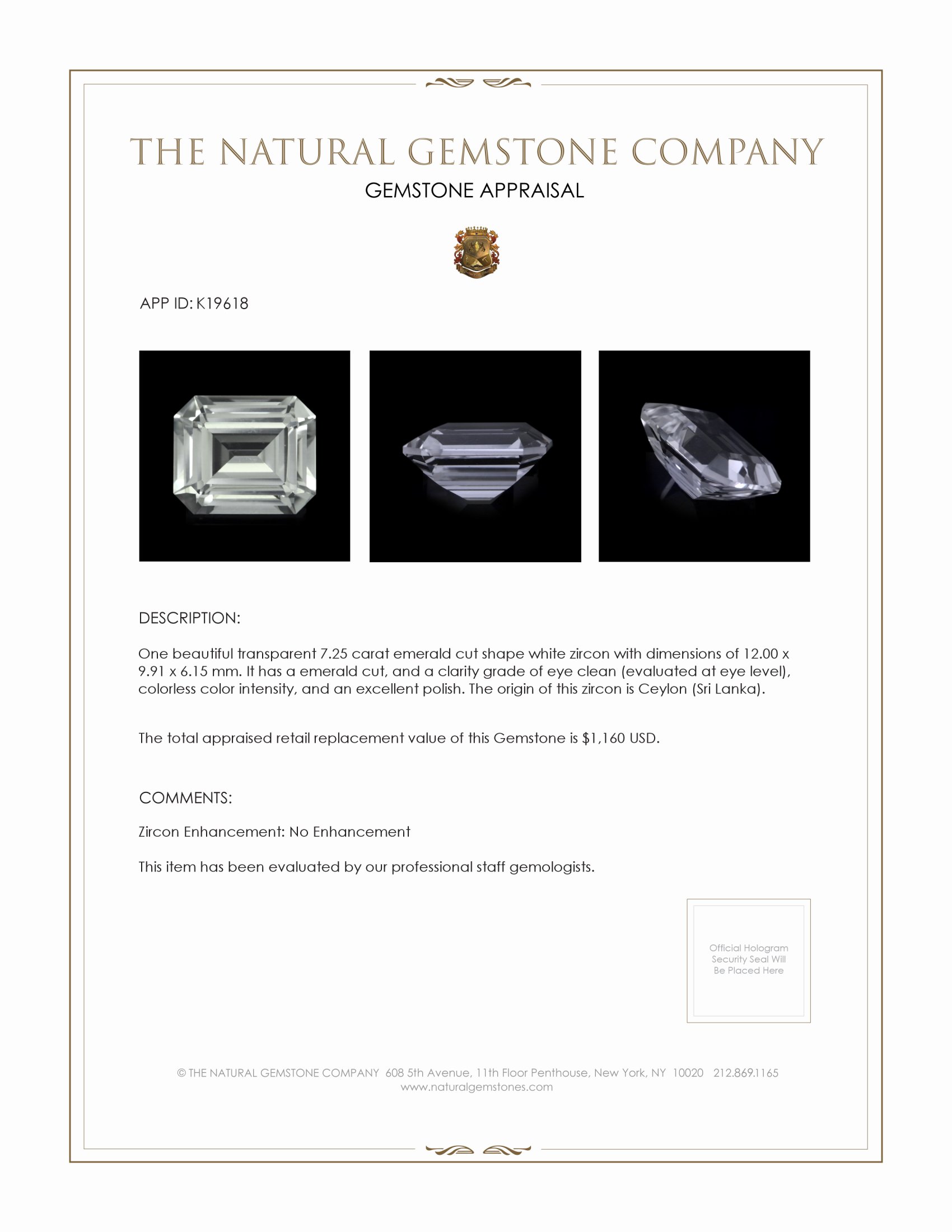 7.25 Ct. White Zircon from Ceylon (Sri Lanka)