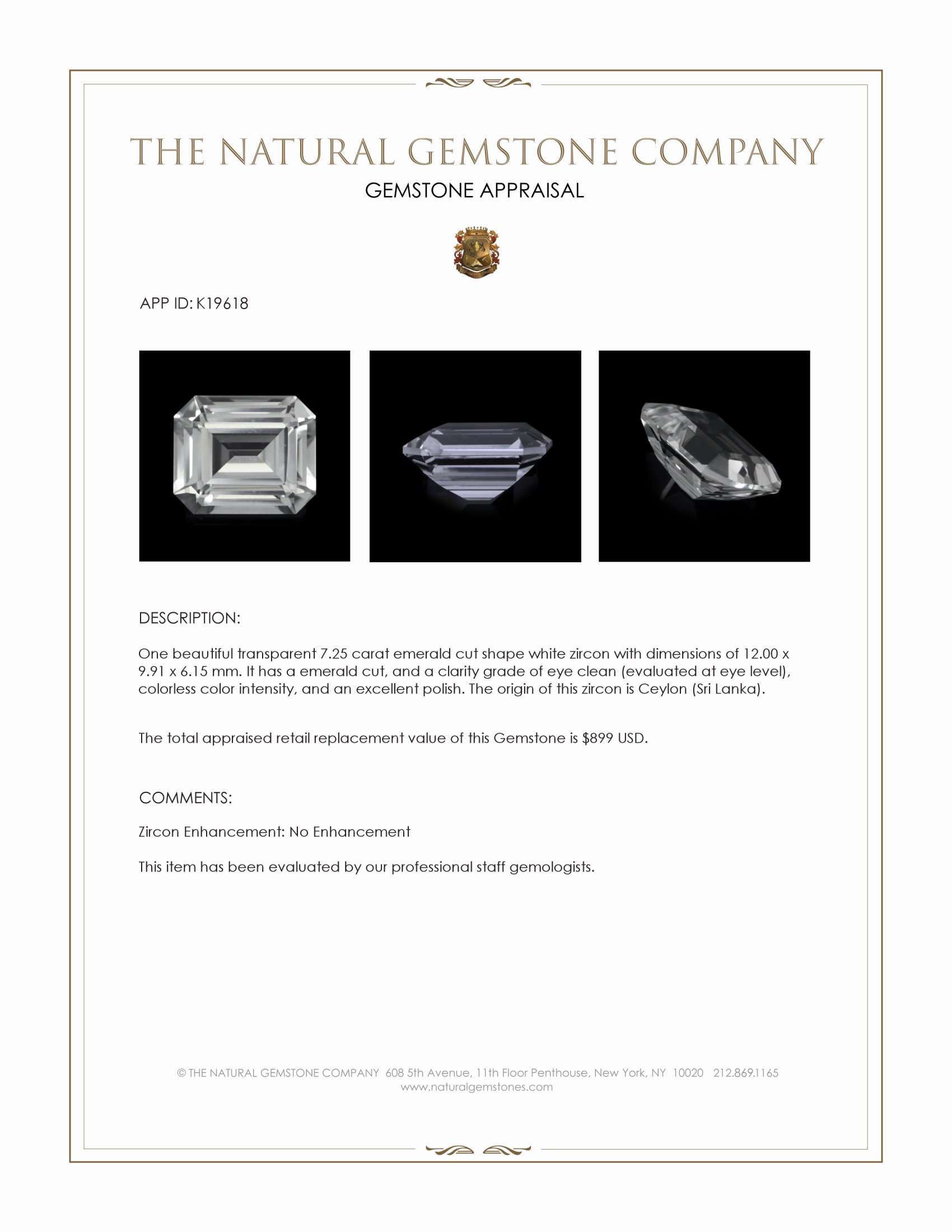 7.25 Ct. White Zircon from Ceylon (Sri Lanka)