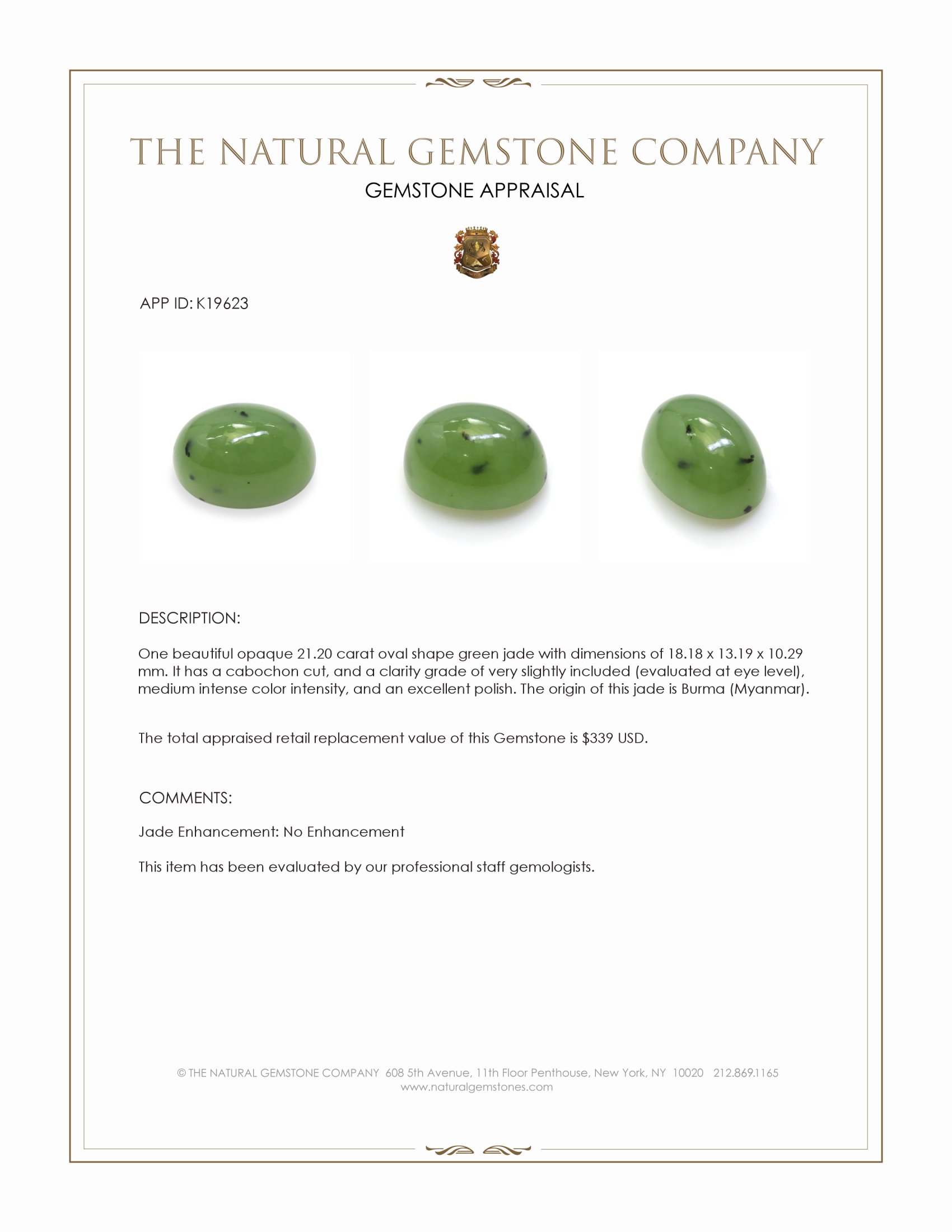 21.20 Ct. Green Cabochon Jade from Burma (Myanmar)