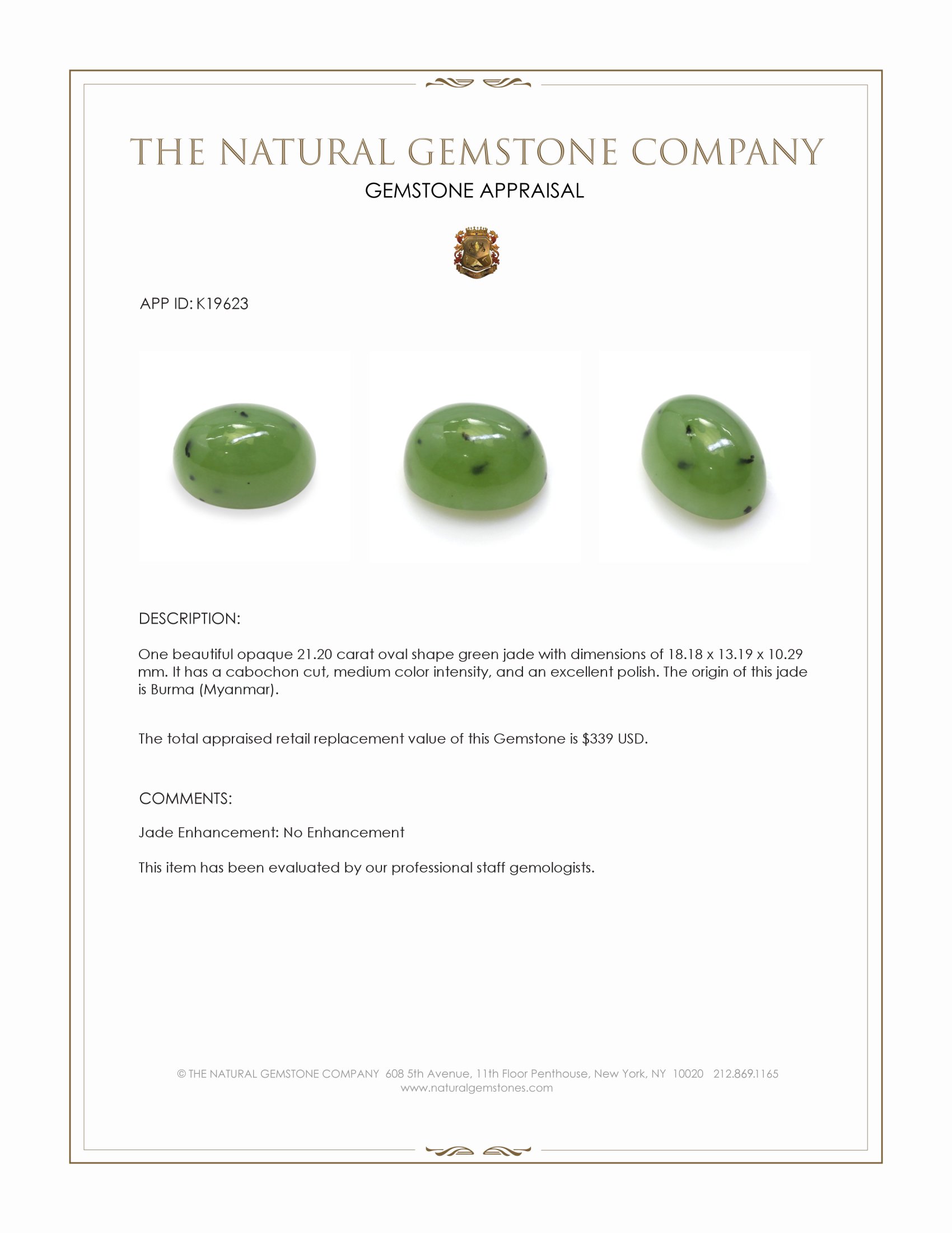 21.20 Ct. Green Cabochon Jade from Burma (Myanmar)