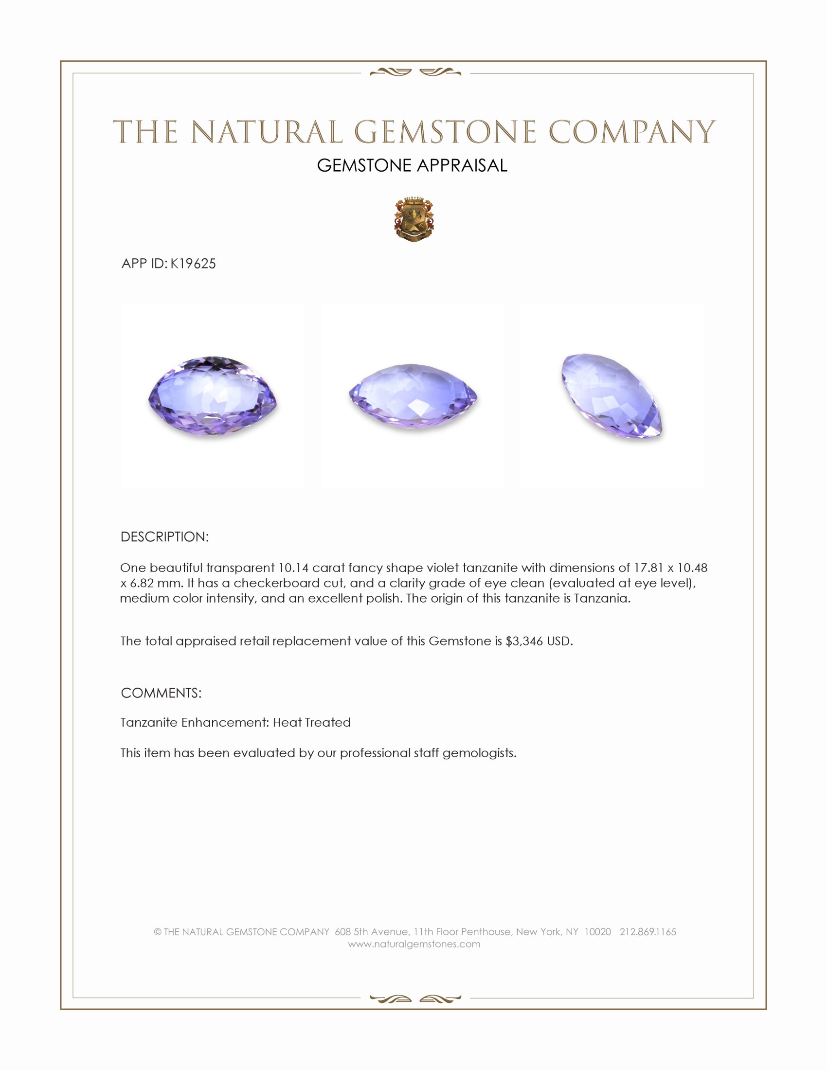 10.14 Ct. Violet Tanzanite from Tanzania