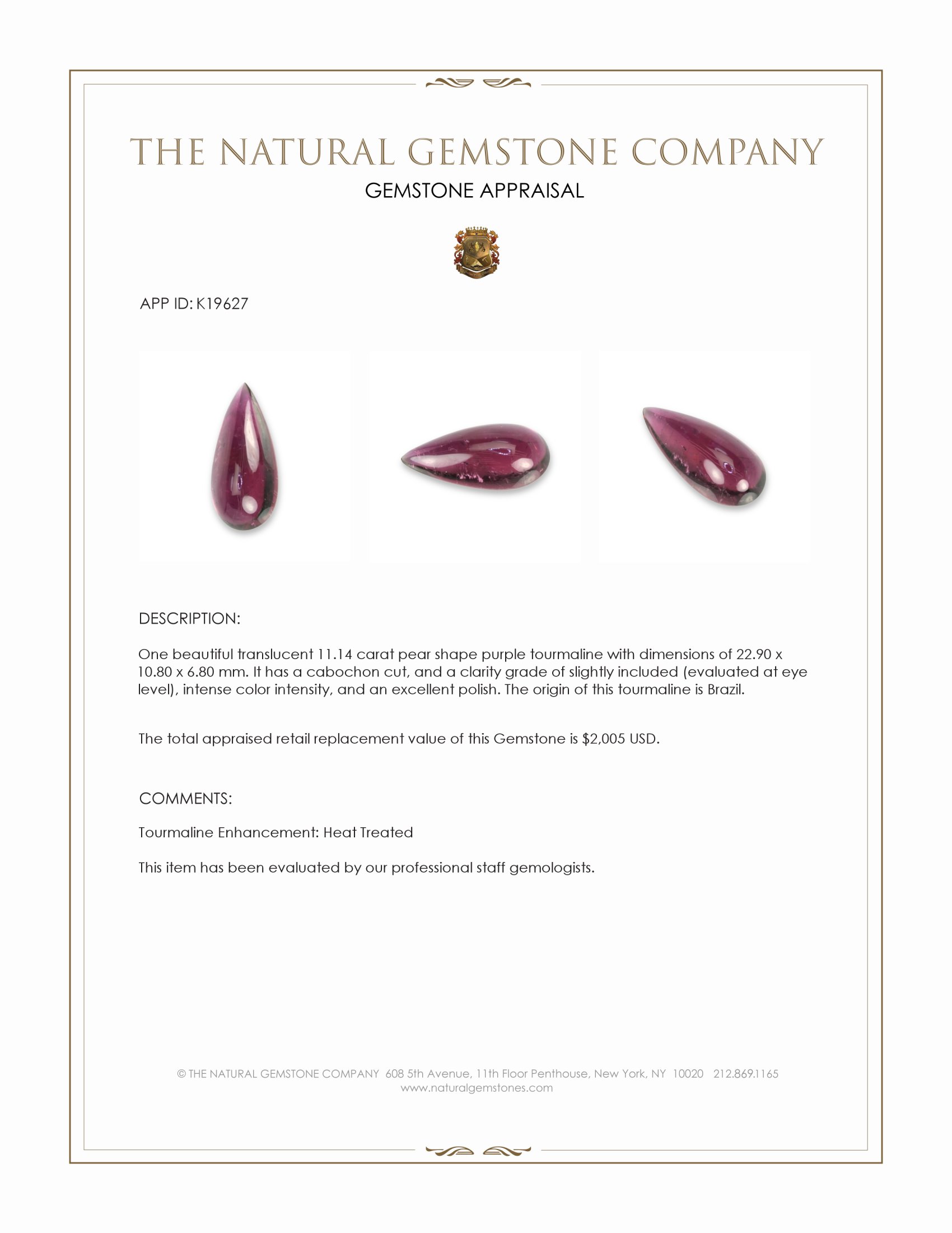 11.14 Ct. Purple Cabochon Tourmaline from Brazil