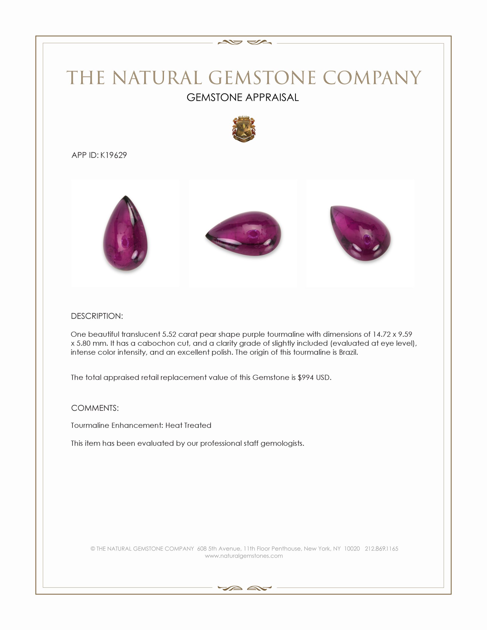 5.52 Ct. Purple Cabochon Tourmaline from Brazil