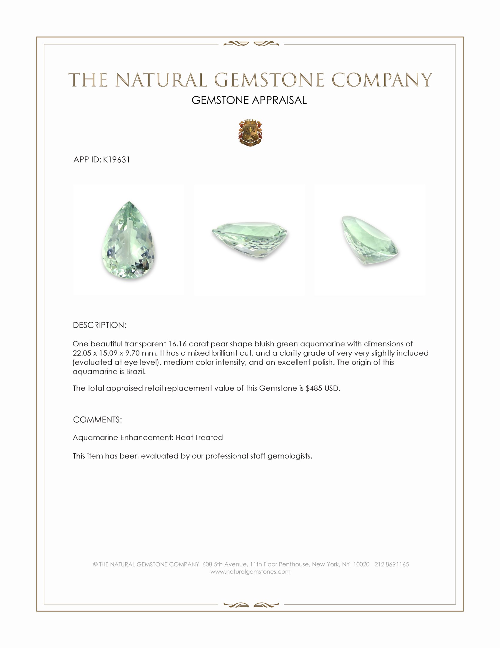 16.16 Ct. Aquamarine from Brazil