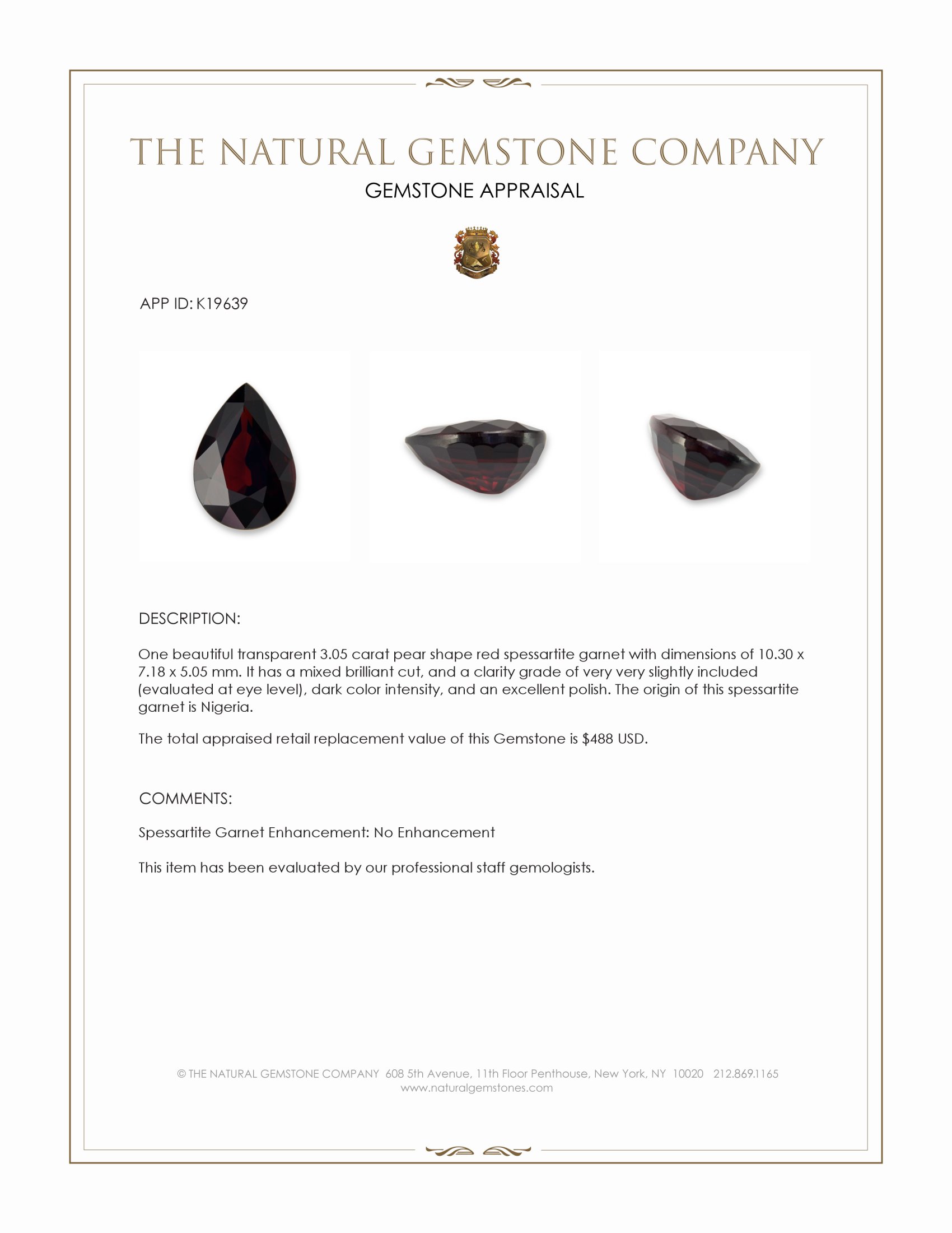 3.05 Ct. Red Spessartite Garnet from Nigeria