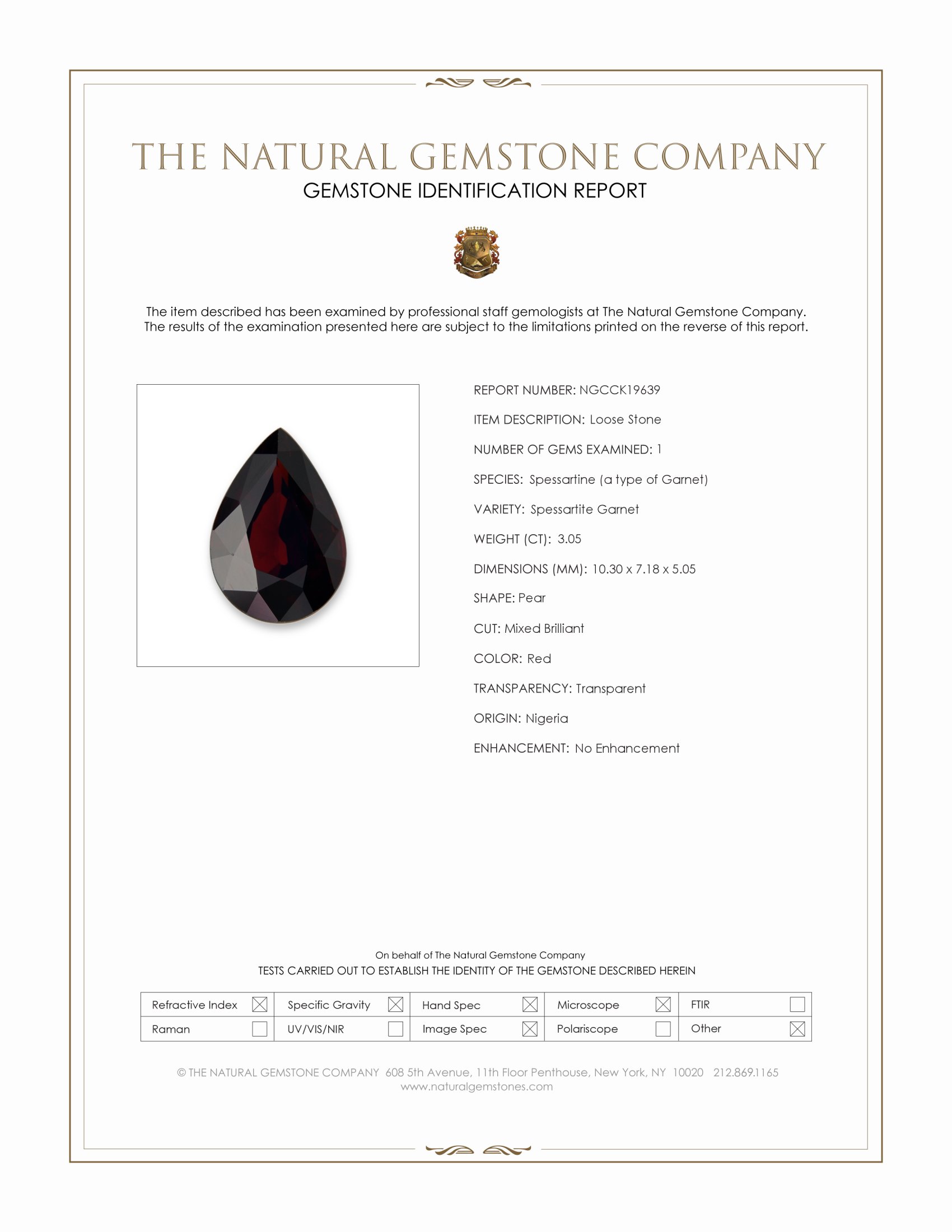 3.05 Ct. Red Spessartite Garnet from Nigeria
