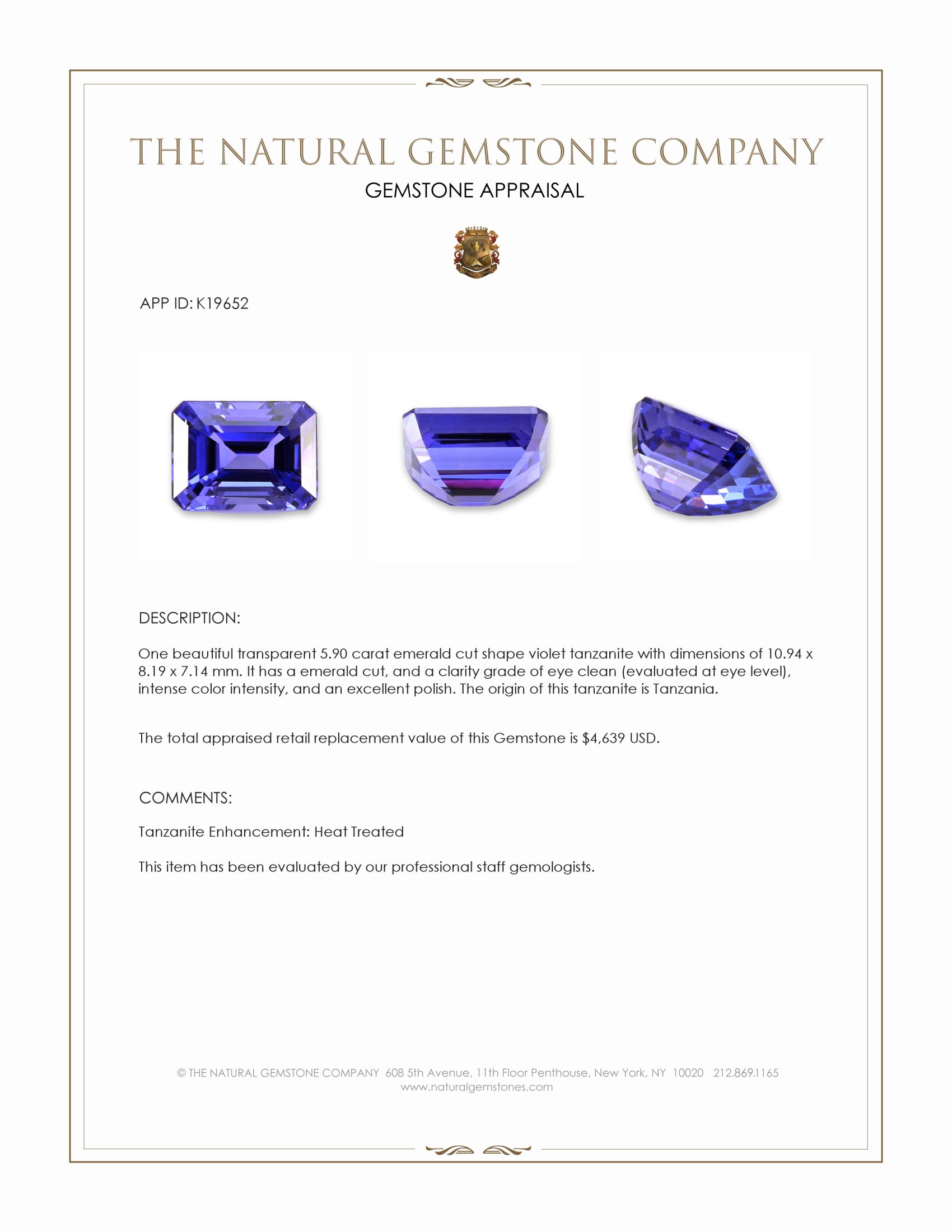 5.90 Ct. Violetish Blue Tanzanite from Tanzania