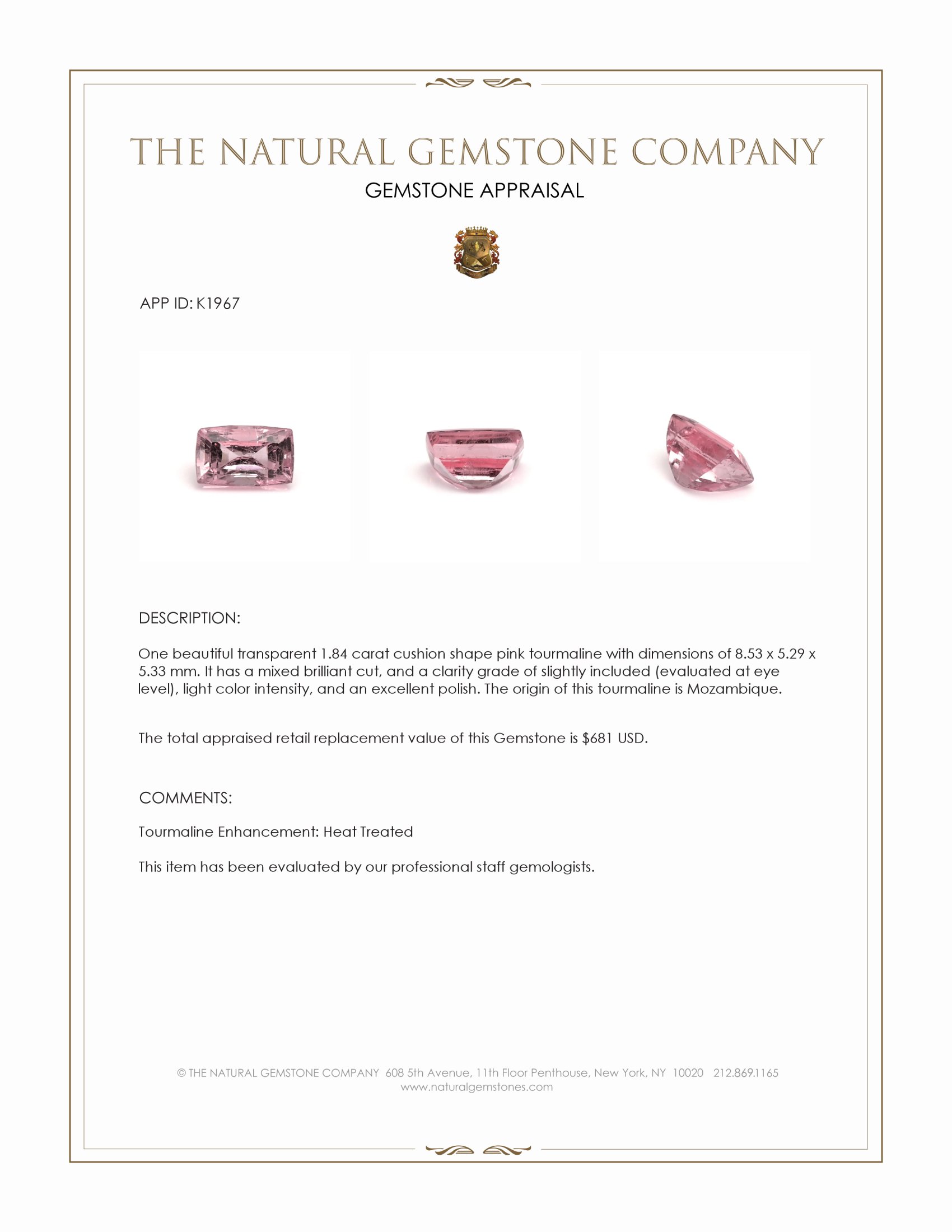 1.84 Ct. Pink Tourmaline from Mozambique