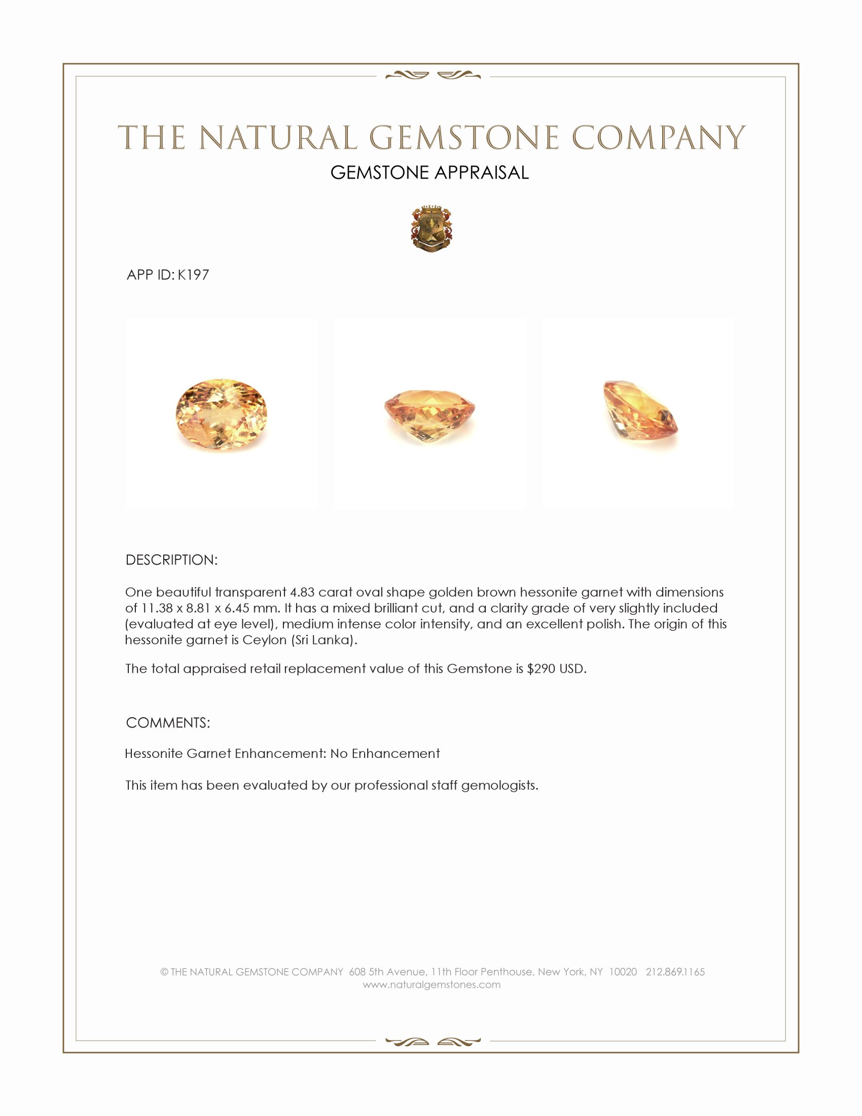 4.83 Ct. Hessonite Garnet from Ceylon (Sri Lanka)