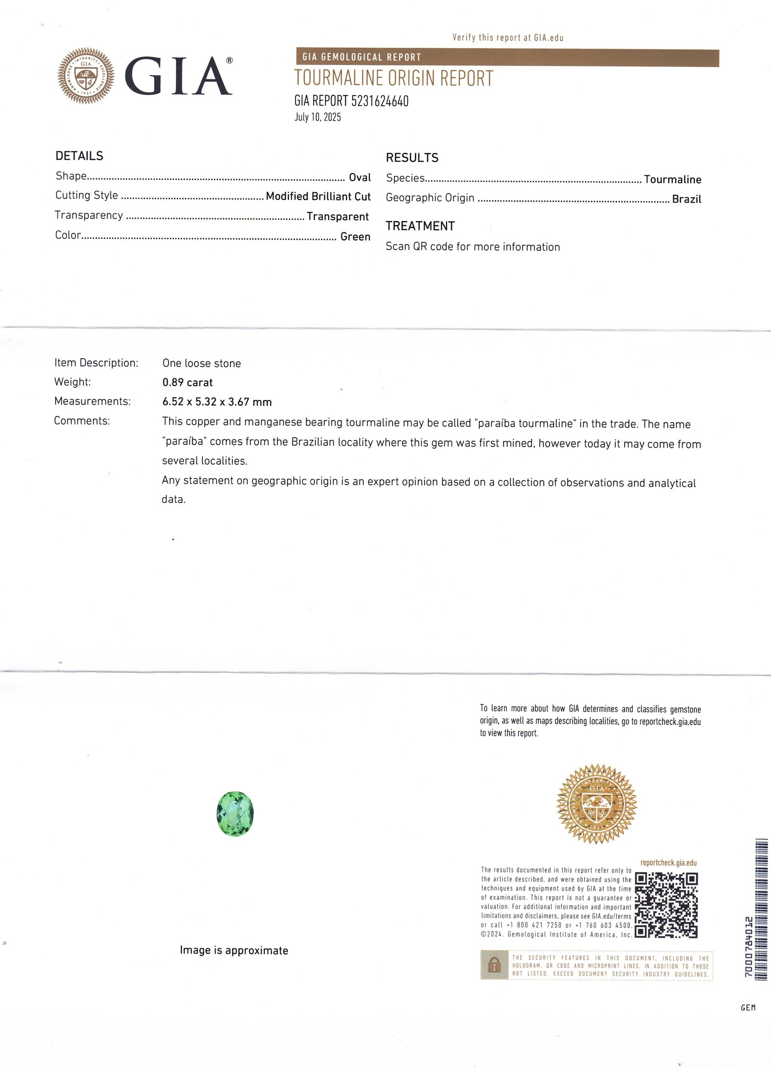 0.89 Ct. Paraiba Tourmaline from Brazil