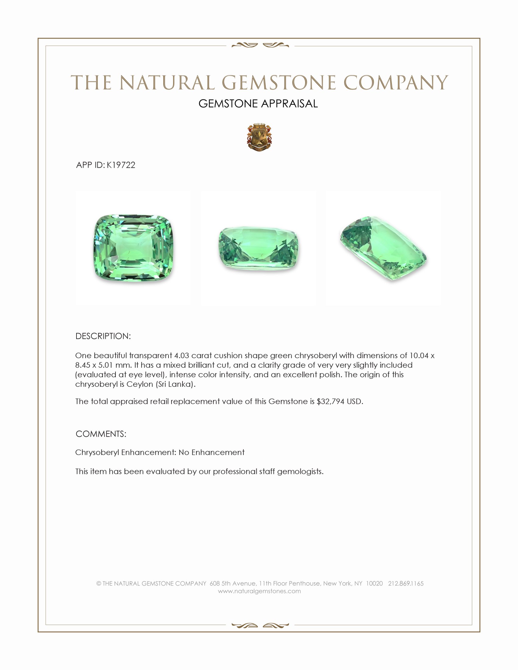 4.03 Ct. Chrysoberyl from Ceylon (Sri Lanka)
