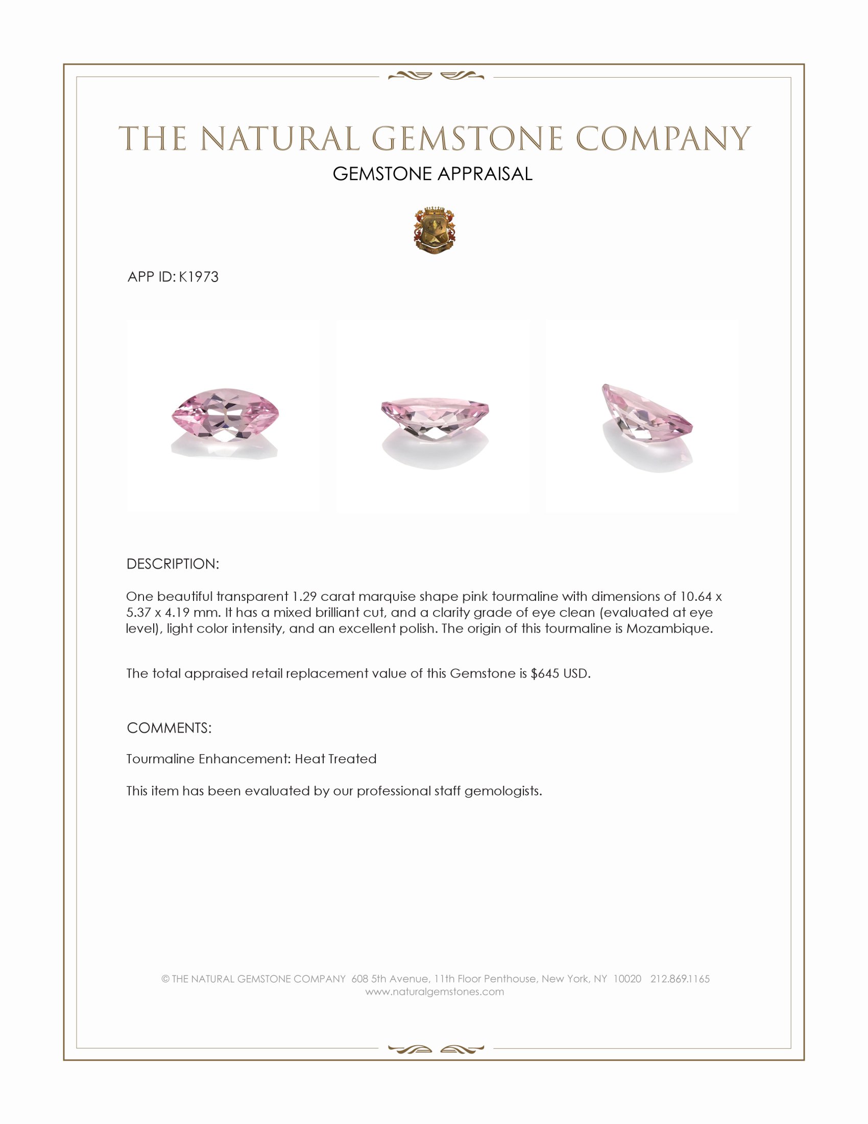 1.29 Ct. Pink Tourmaline from Mozambique
