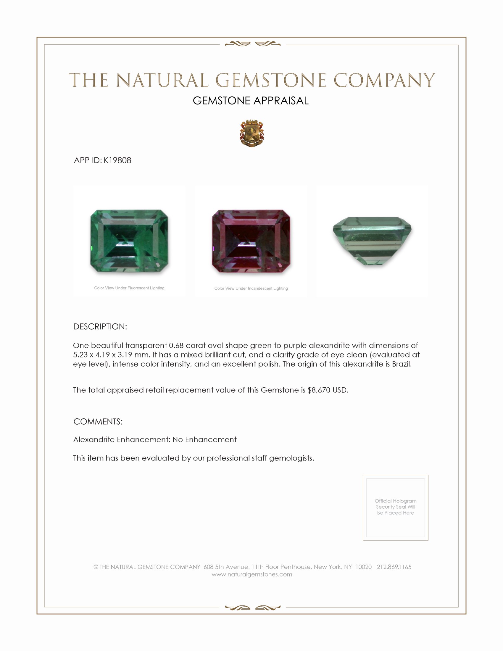 0.68 Ct. Alexandrite from Brazil