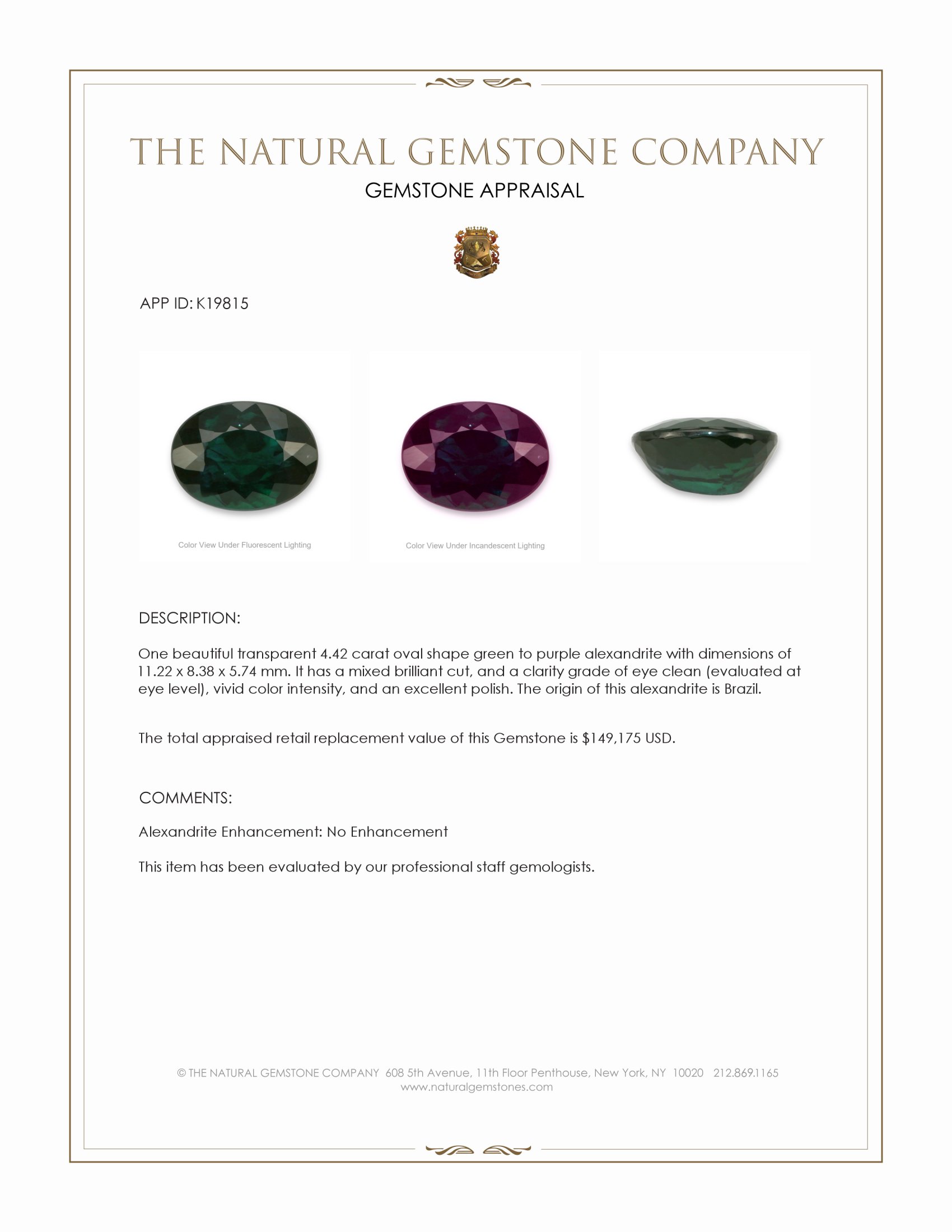 4.42 Ct. Alexandrite from Brazil