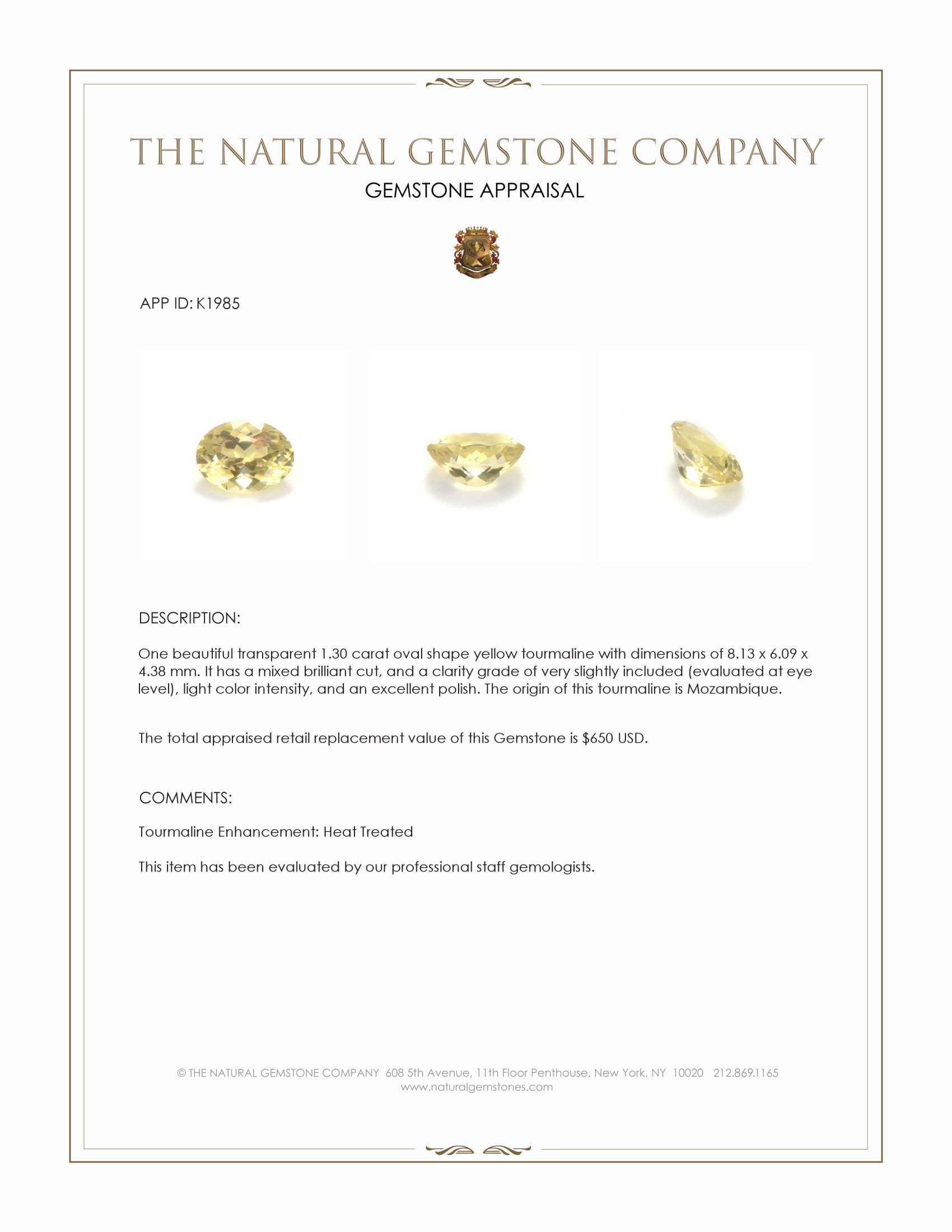 1.30 Ct. Yellow Tourmaline from Mozambique