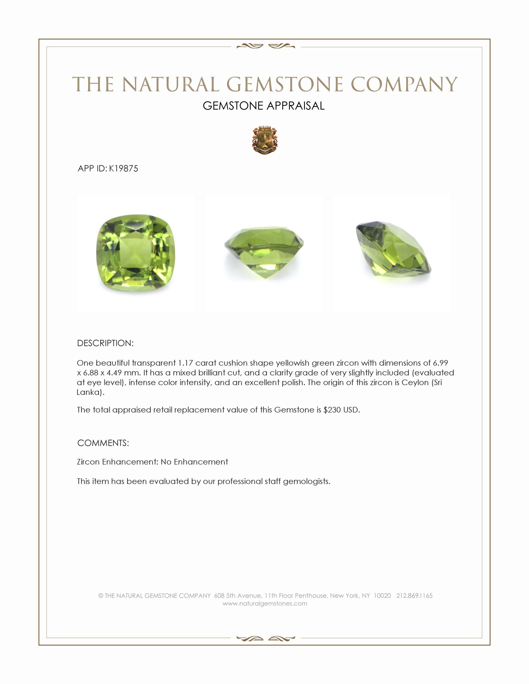 1.17 Ct. Zircon from Ceylon (Sri Lanka)