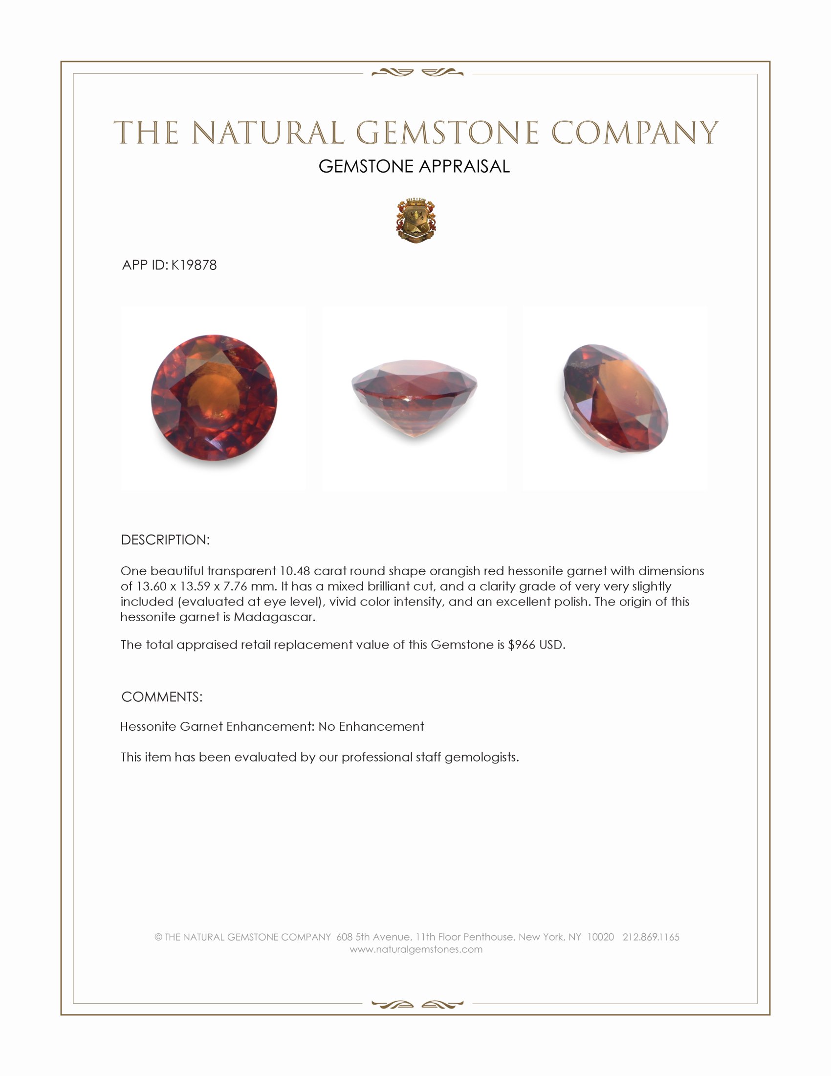 10.48 Ct. Hessonite Garnet from Madagascar