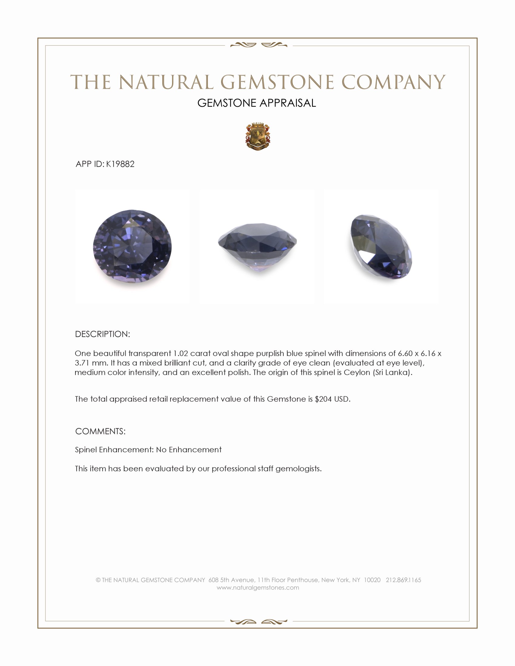 1.02 Ct. Purplish Blue Spinel from Ceylon (Sri Lanka)