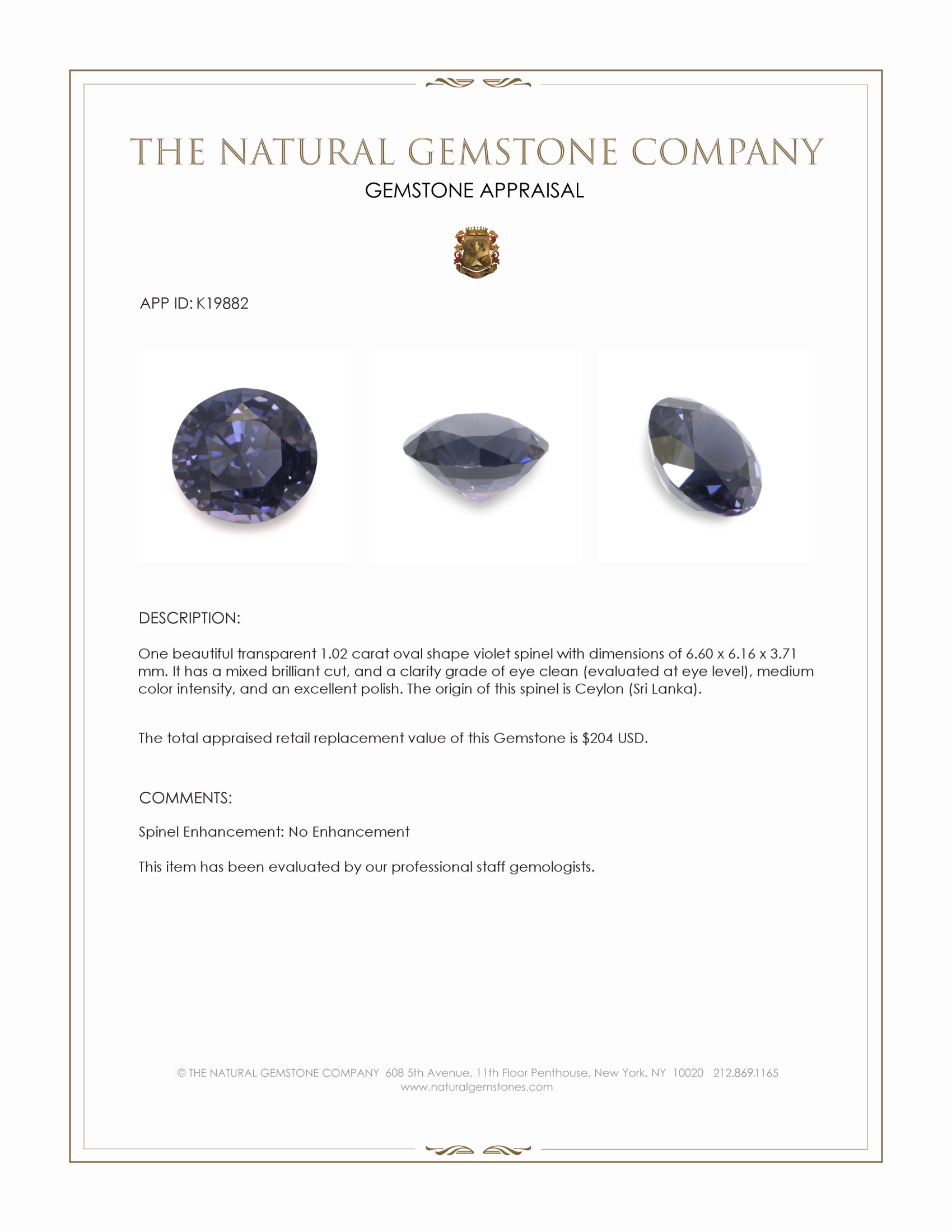 1.02 Ct. Violet Spinel from Ceylon (Sri Lanka)