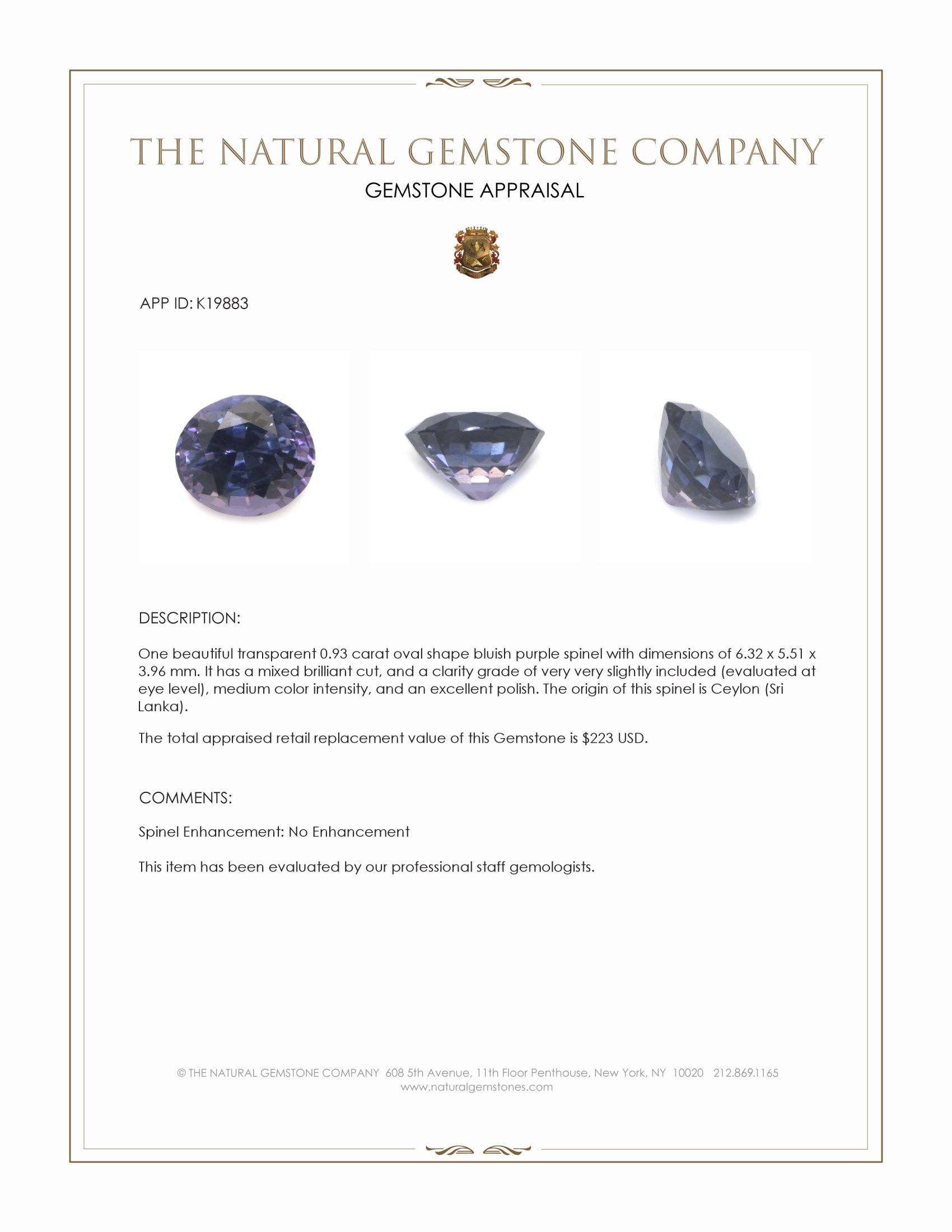 0.93 Ct. Bluish Purple Spinel from Ceylon (Sri Lanka)