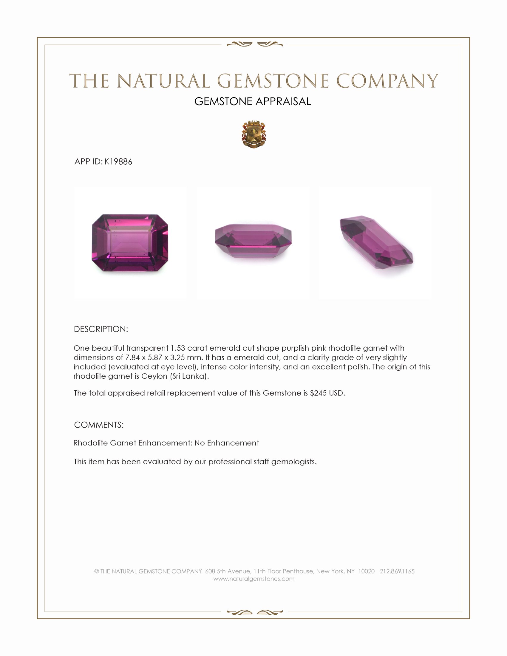 1.53 Ct. Purplish Pink Rhodolite Garnet from Ceylon (Sri Lanka)