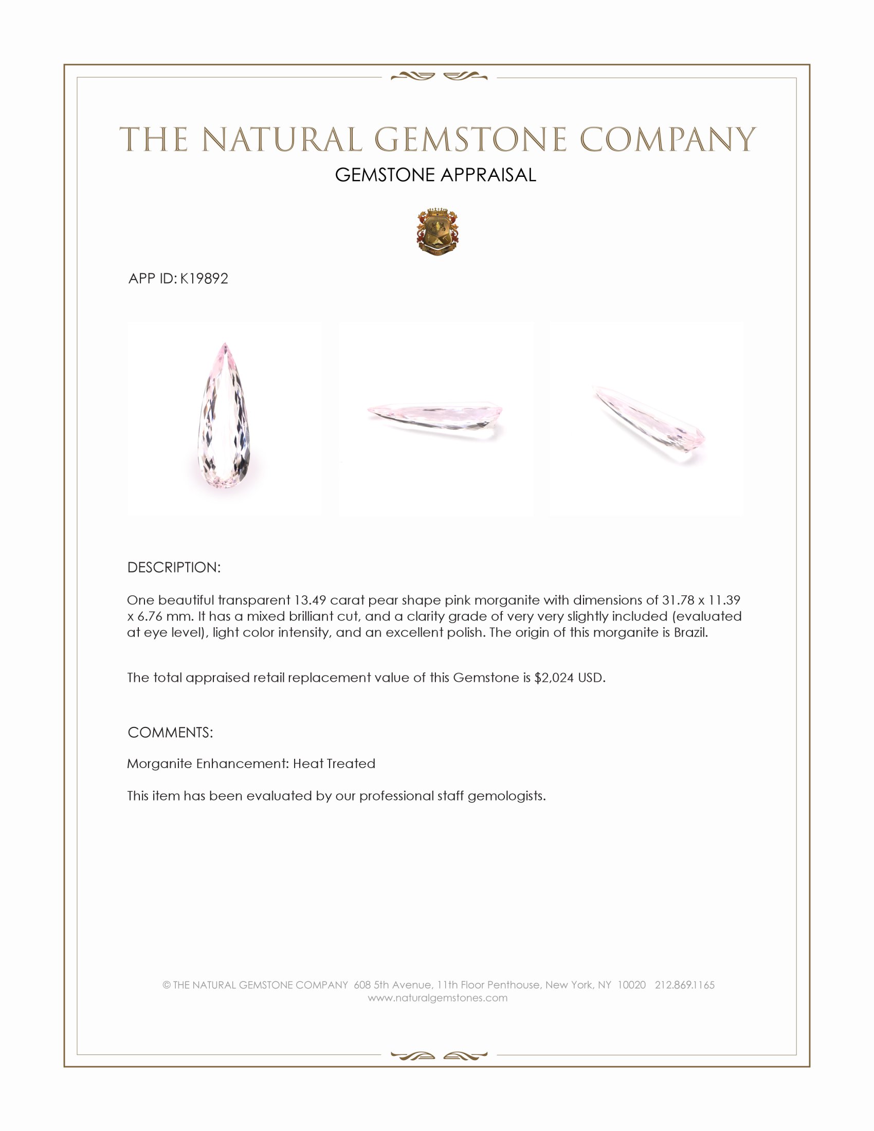 13.49 Ct. Morganite from Brazil