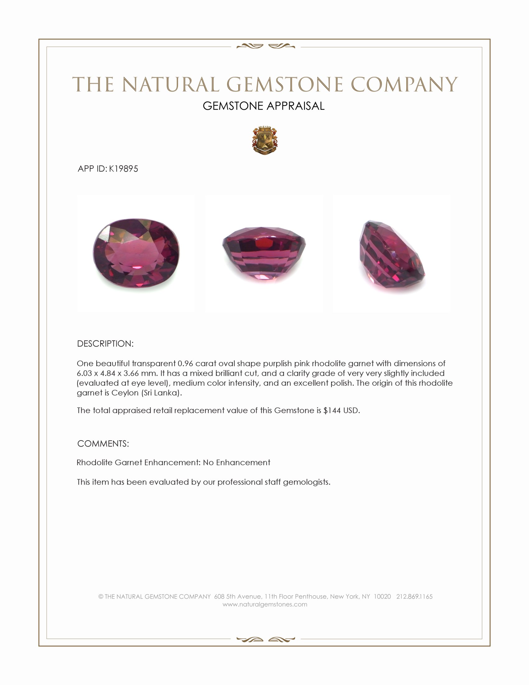 0.96 Ct. Purplish Pink Rhodolite Garnet from Ceylon (Sri Lanka)
