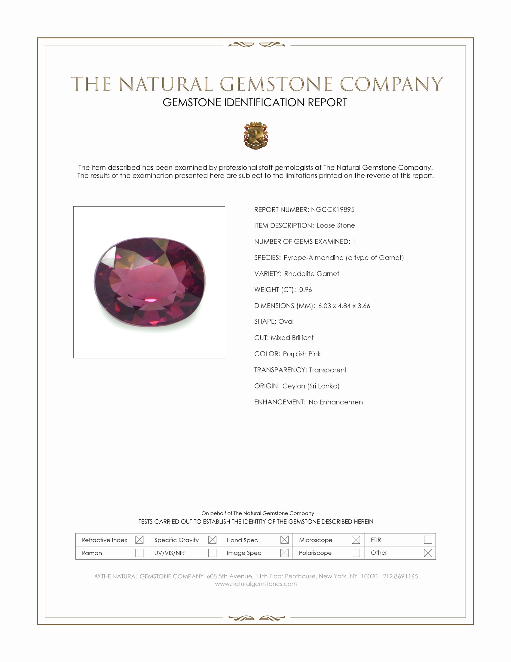 0.96 Ct. Purplish Pink Rhodolite Garnet from Ceylon (Sri Lanka)