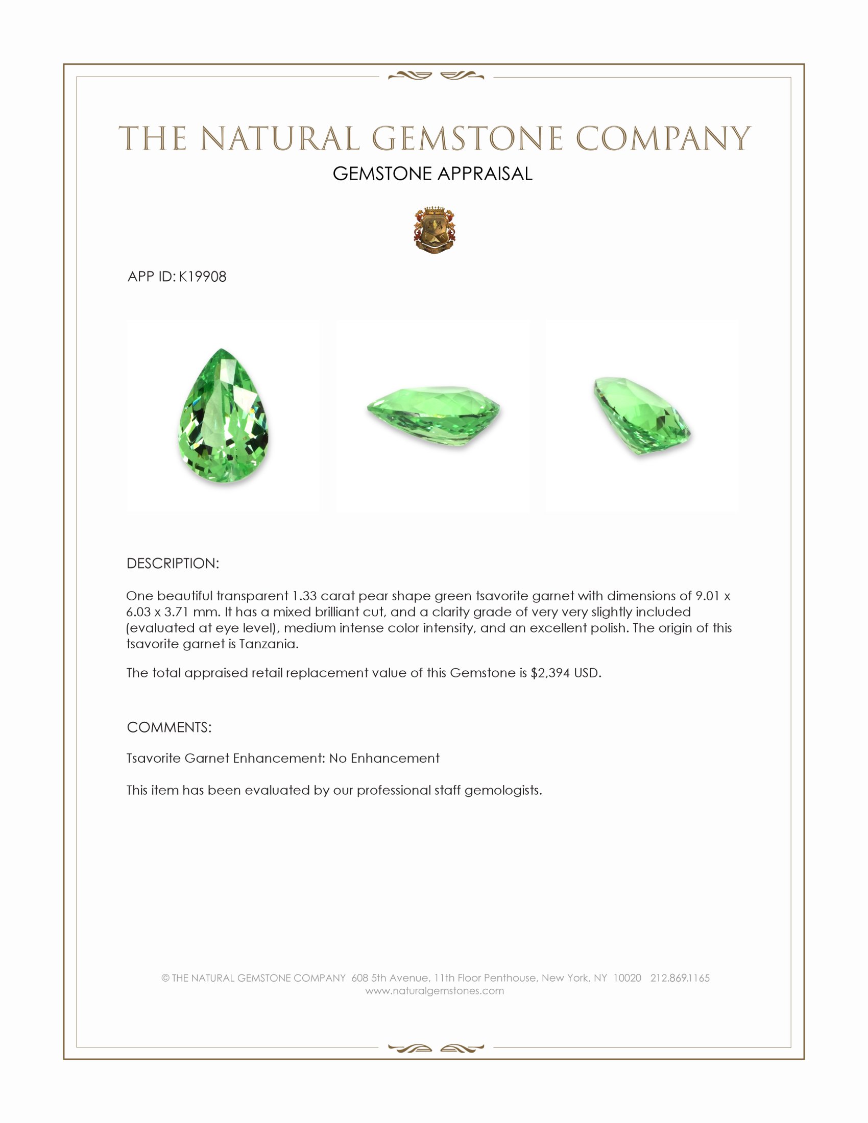 1.33 Ct. Tsavorite Garnet from Tanzania