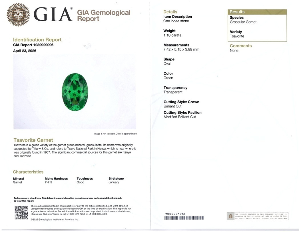 1.10 Ct. Tsavorite Garnet from Tanzania