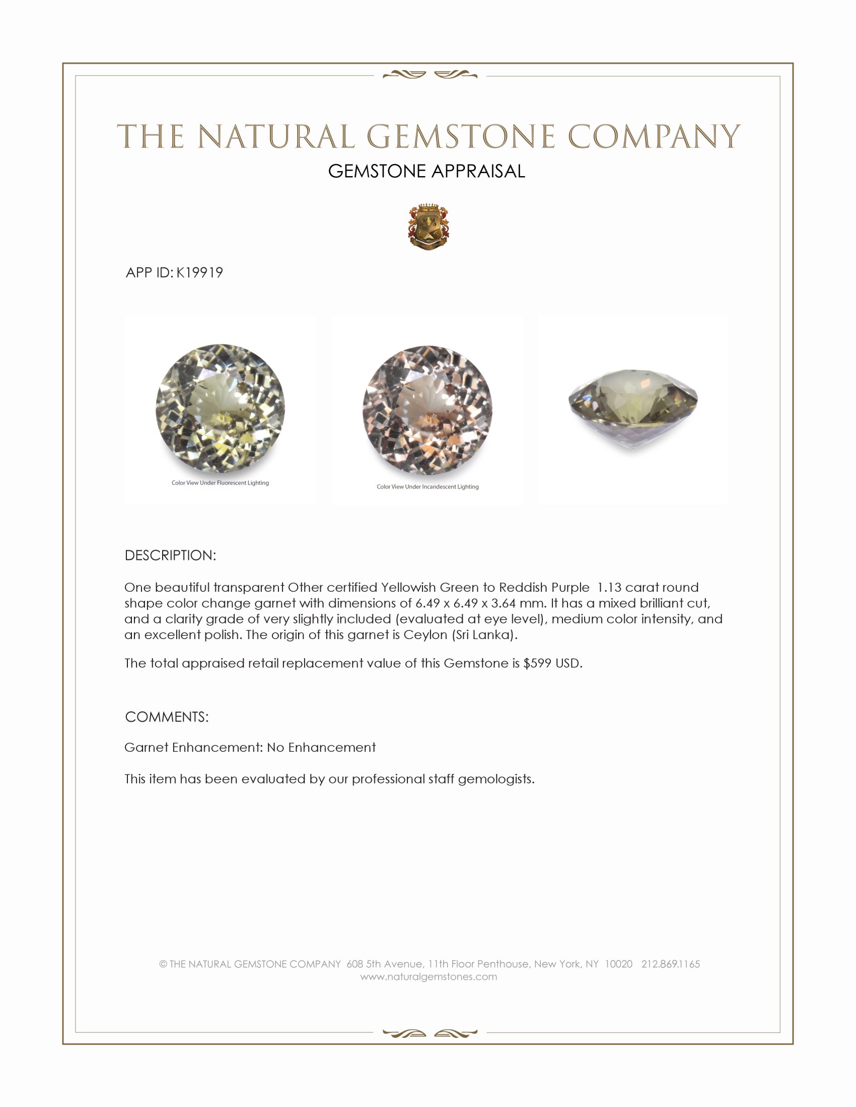 1.13 Ct. Color Change Garnet from Ceylon (Sri Lanka)