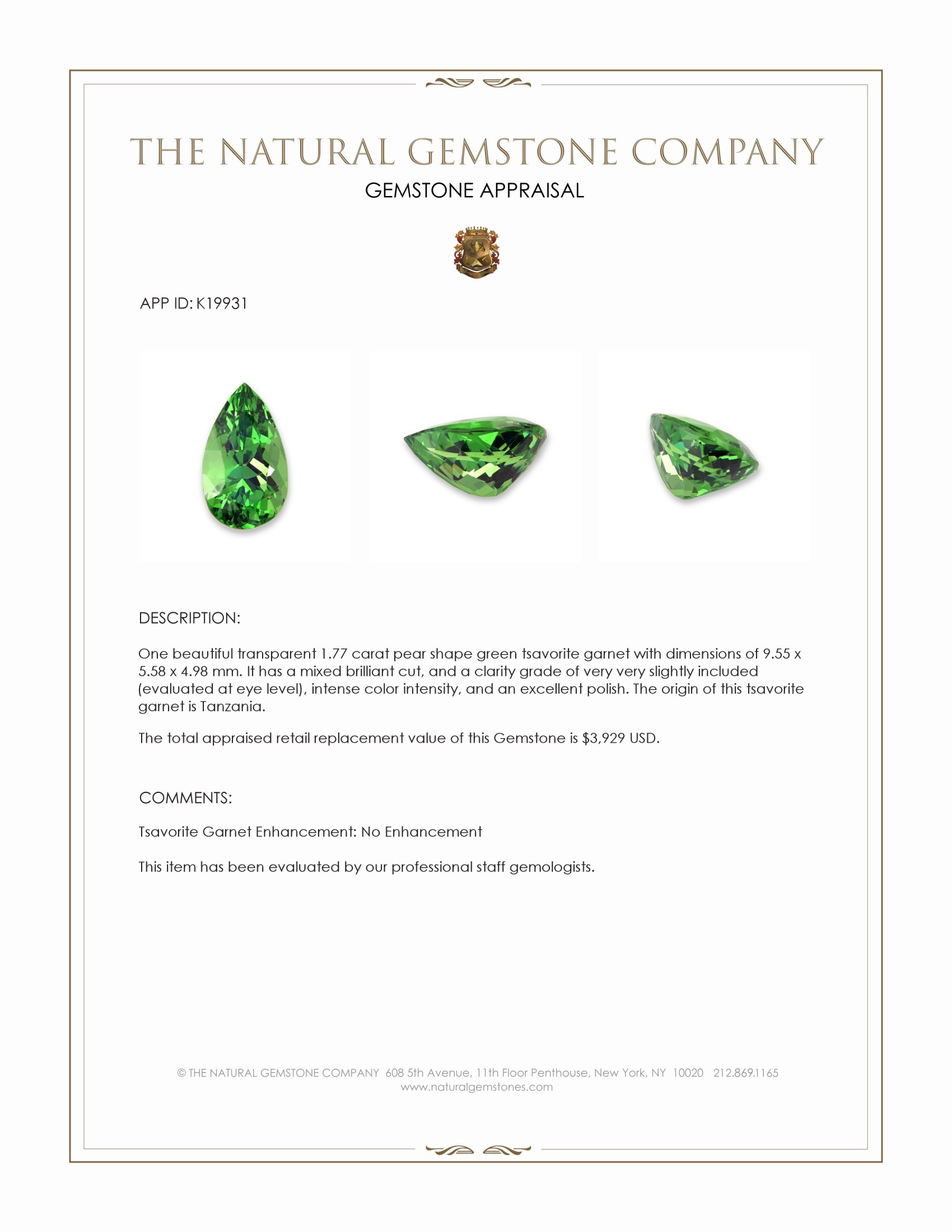 1.77 Ct. Tsavorite Garnet from Tanzania