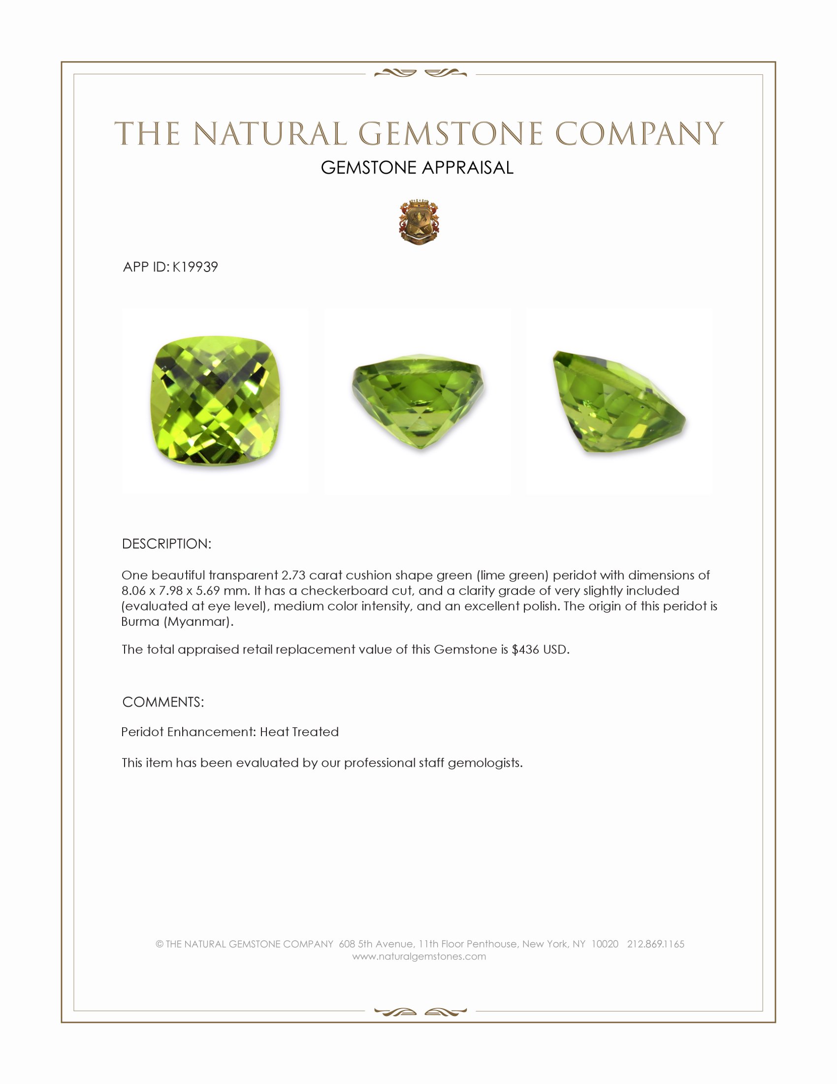 2.73 Ct. Green (Lime Green) Peridot from Burma (Myanmar)