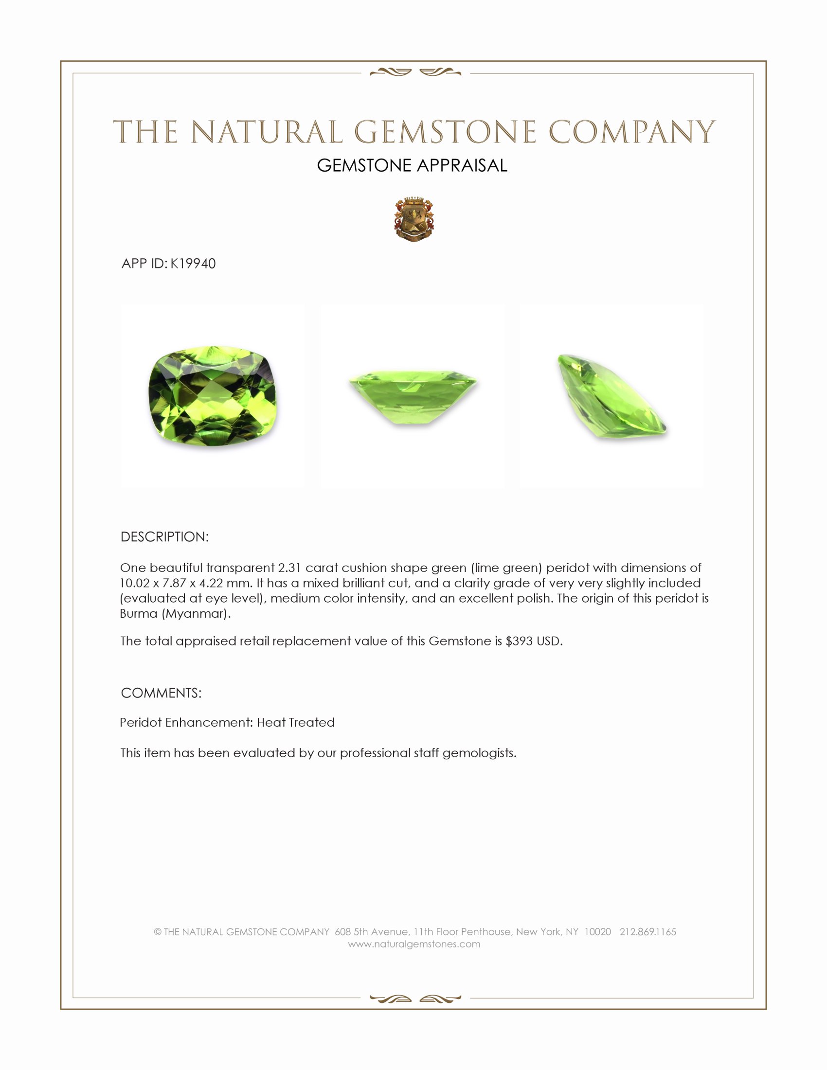 2.31 Ct. Green (Lime Green) Peridot from Burma (Myanmar)