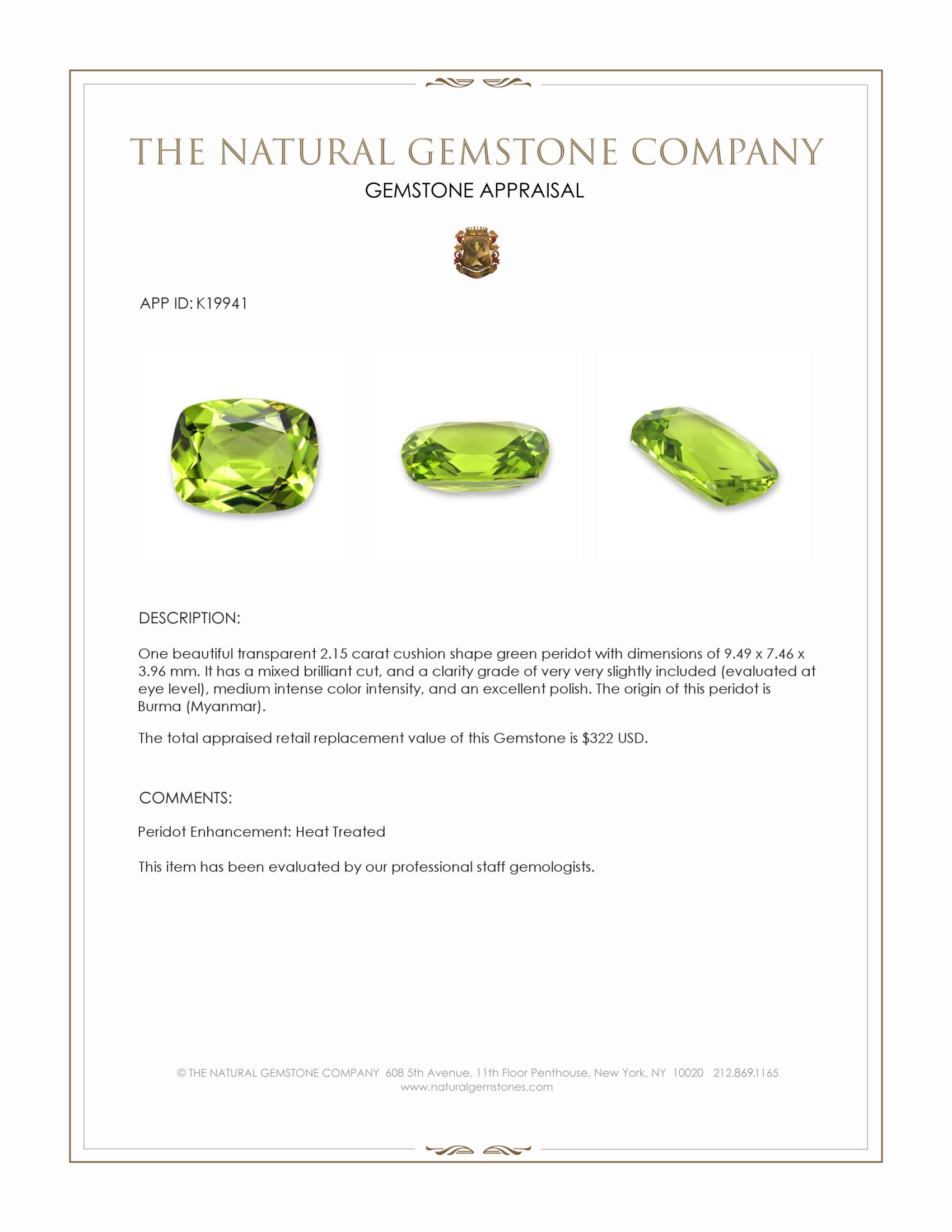 2.15 Ct. Green (Lime Green) Peridot from Burma (Myanmar)