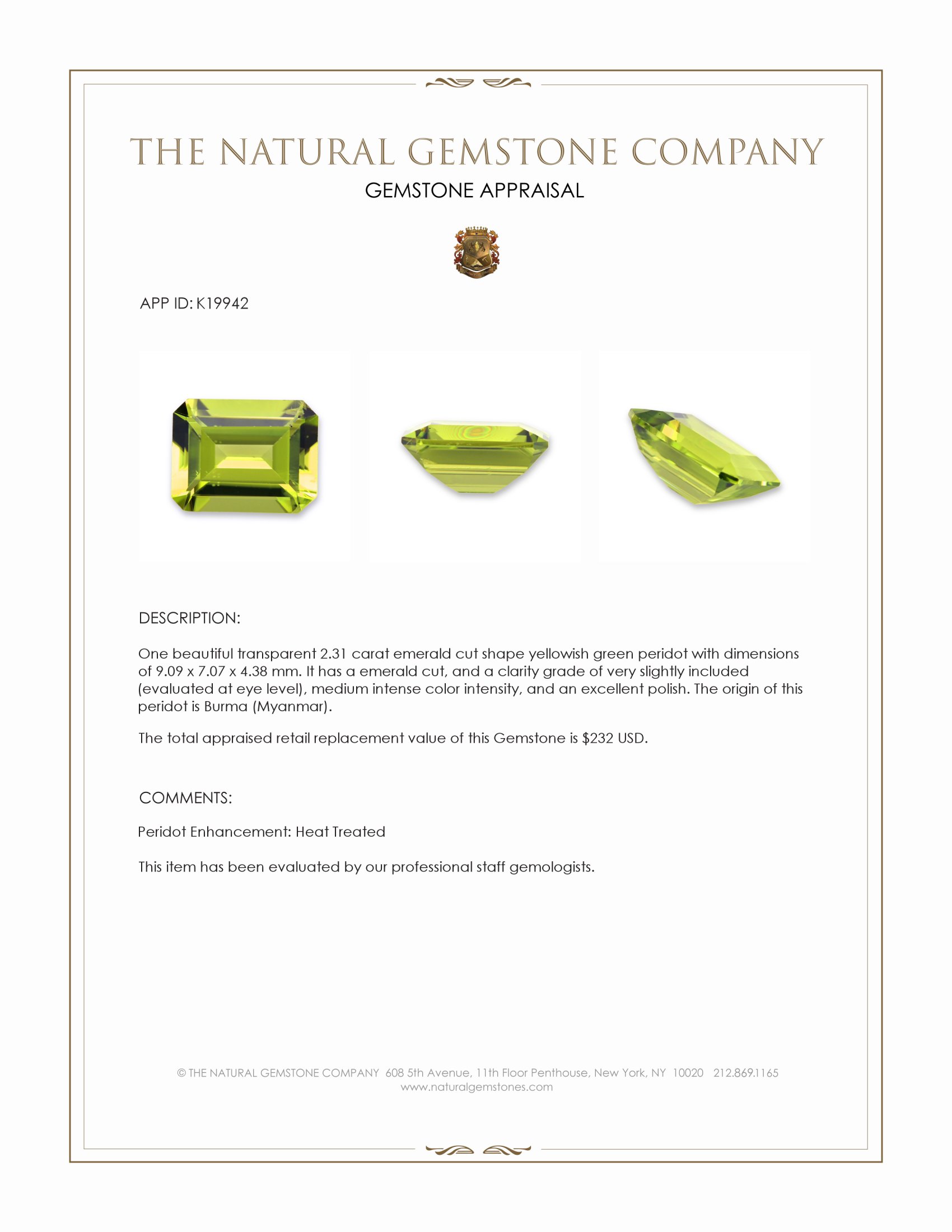 2.31 Ct. Peridot from Burma (Myanmar)