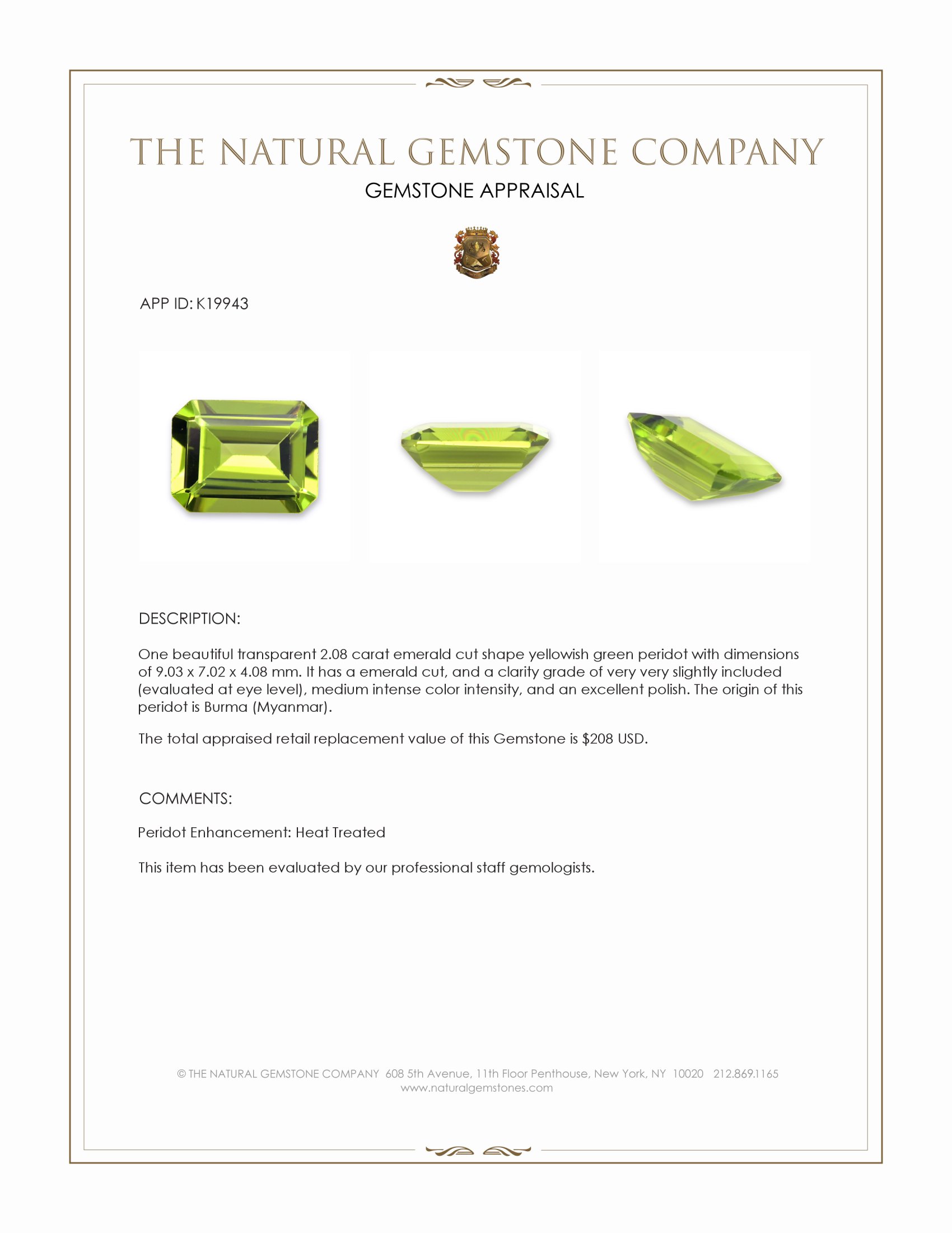 2.08 Ct. Peridot from Burma (Myanmar)