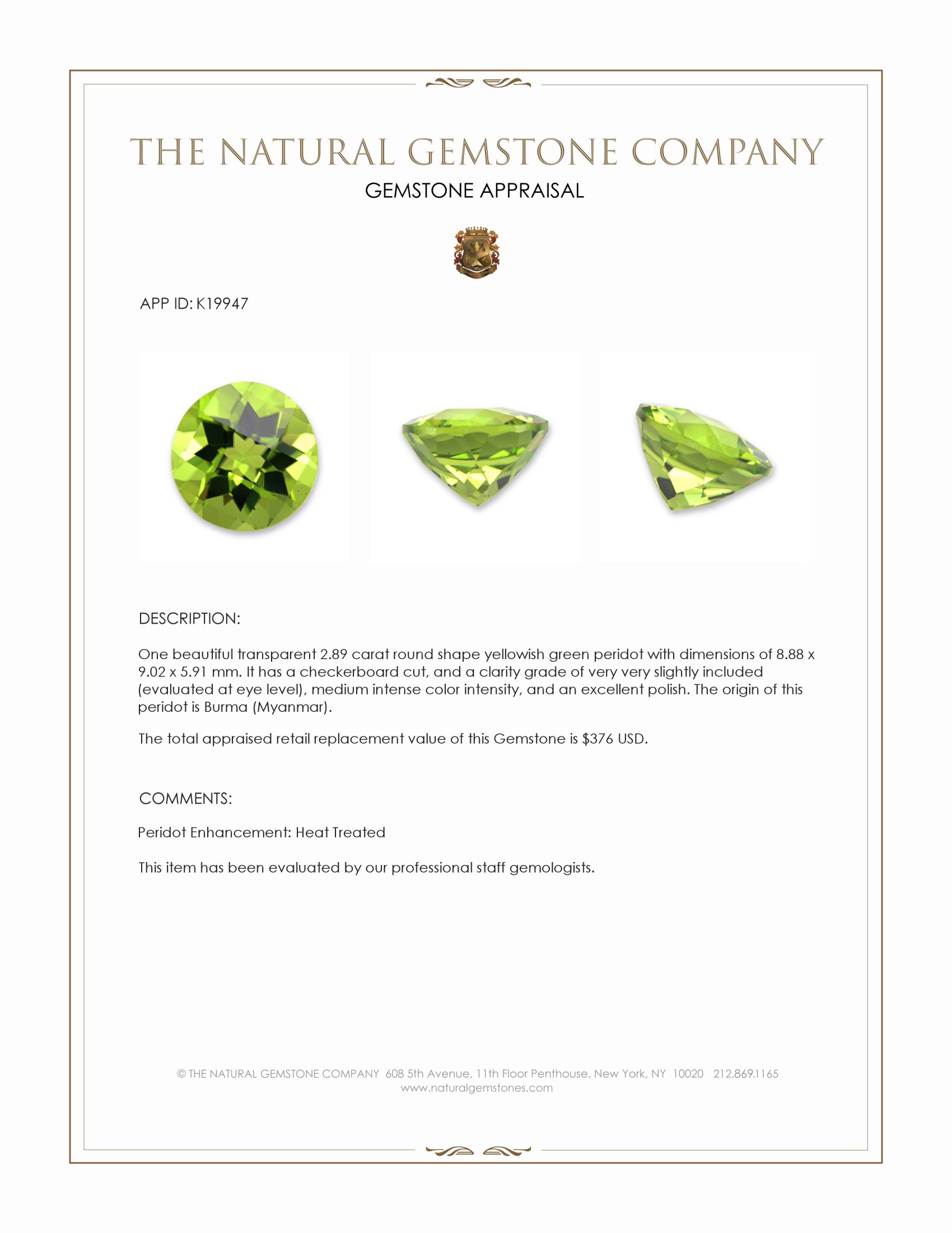 2.89 Ct. Peridot from Burma (Myanmar)