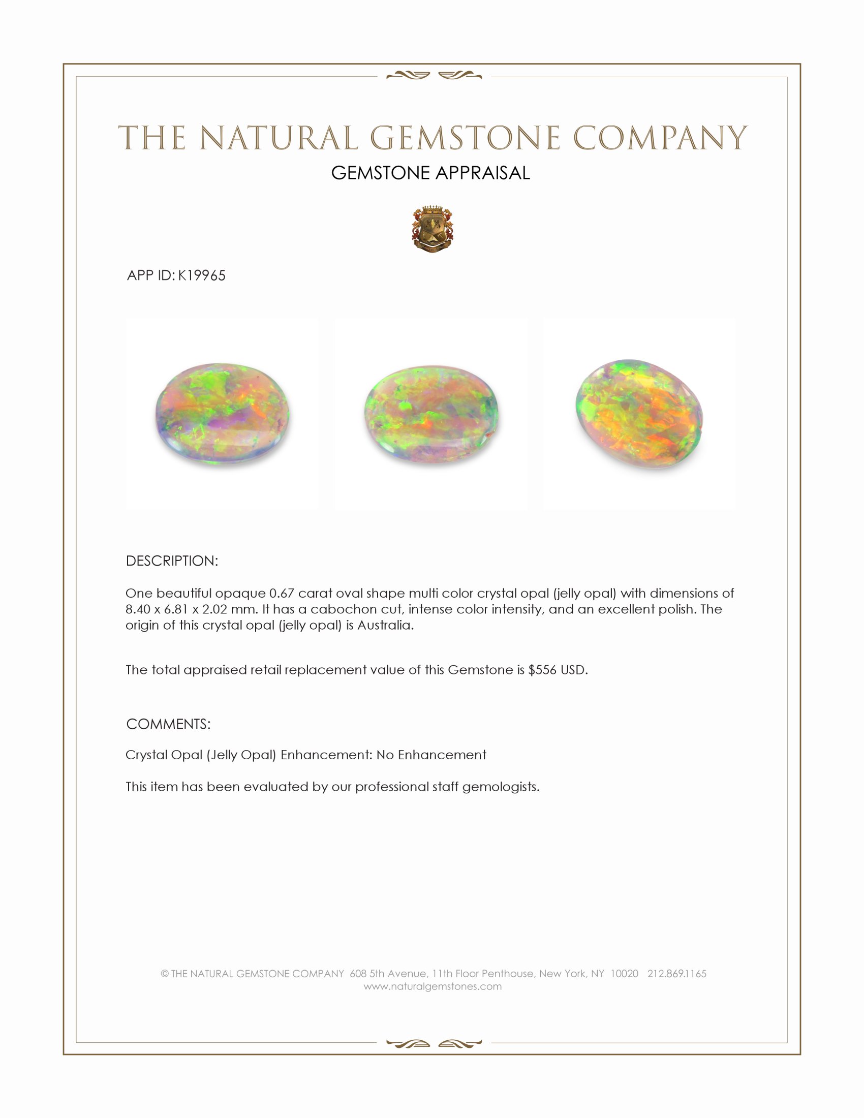 0.67 Ct. Multi Color Cabochon Crystal Opal (Jelly Opal) from Australia
