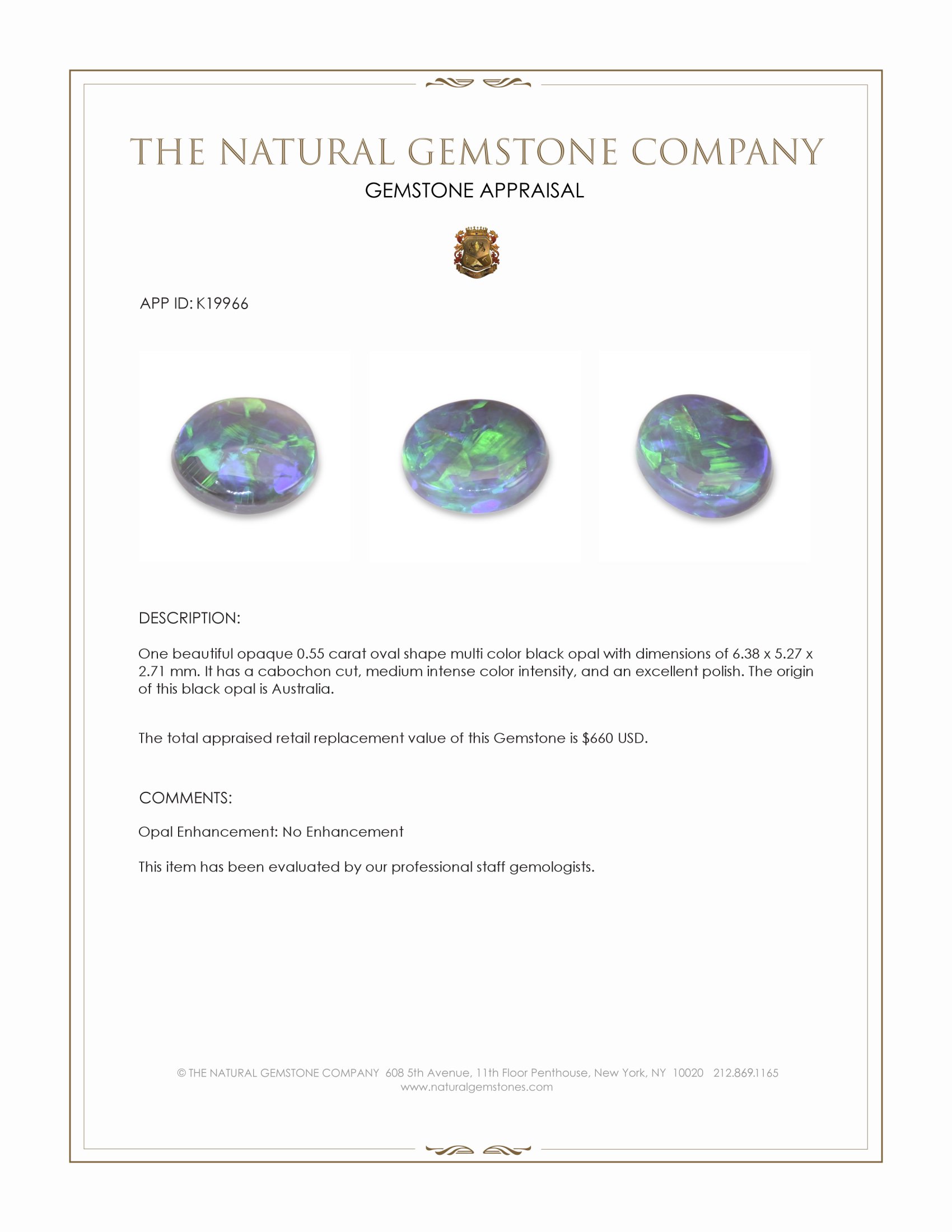 0.55 Ct. Multi Color Cabochon Black Opal (Dark Opal) from Australia
