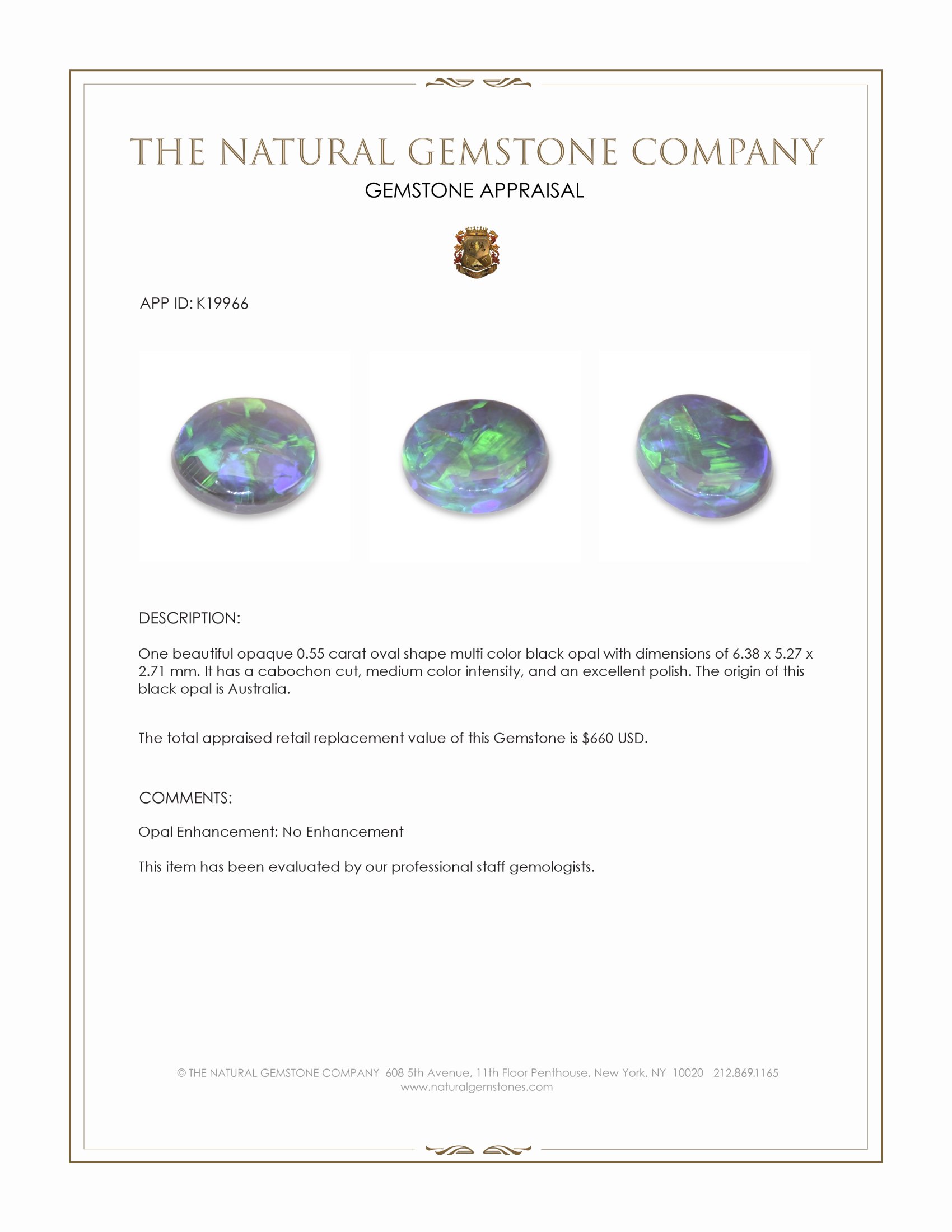 0.55 Ct. Multi Color Cabochon Black Opal from Australia