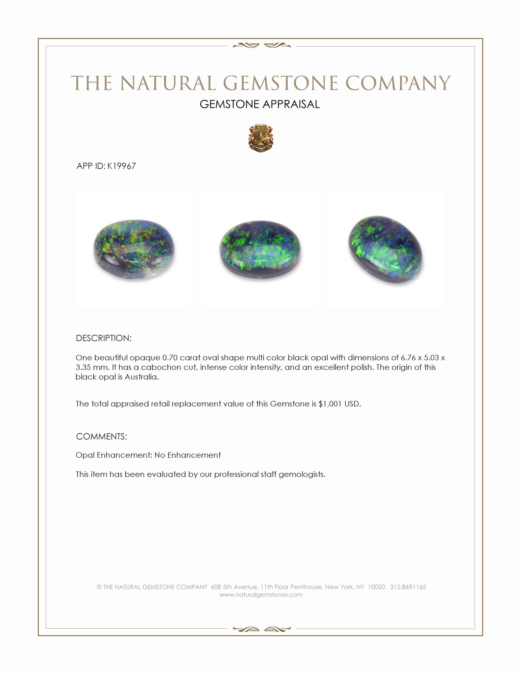 0.70 Ct. Multi Color Cabochon Black Opal (Dark Opal) from Australia