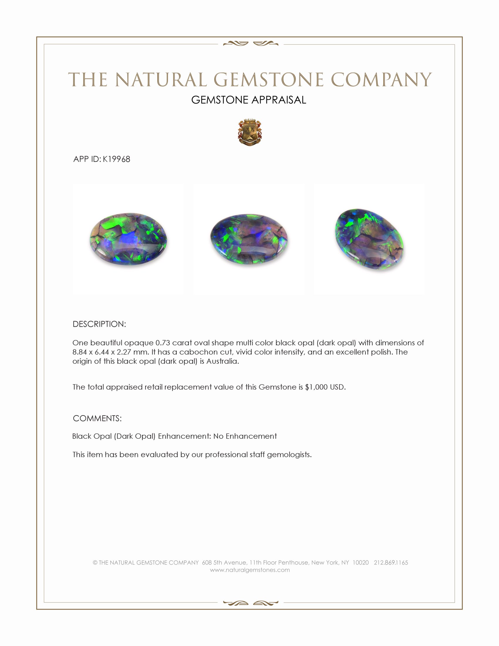 0.73 Ct. Multi Color Cabochon Black Opal (Dark Opal) from Australia
