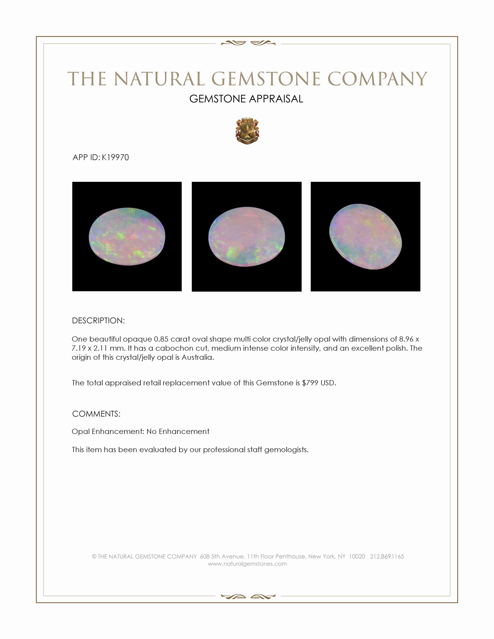 0.85 Ct. Cabochon Crystal/Jelly Opal from Australia