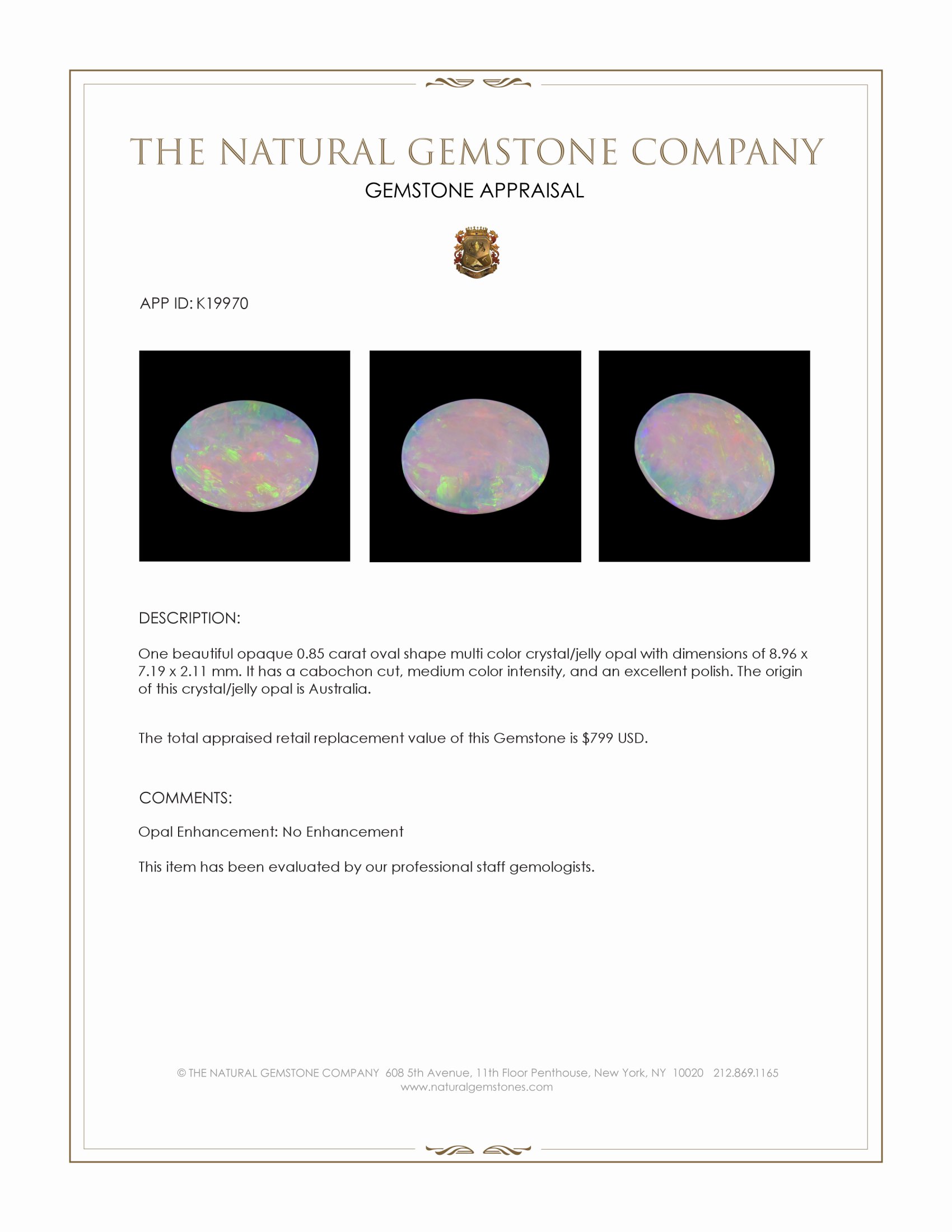 0.85 Ct. Cabochon Crystal/Jelly Opal from Australia