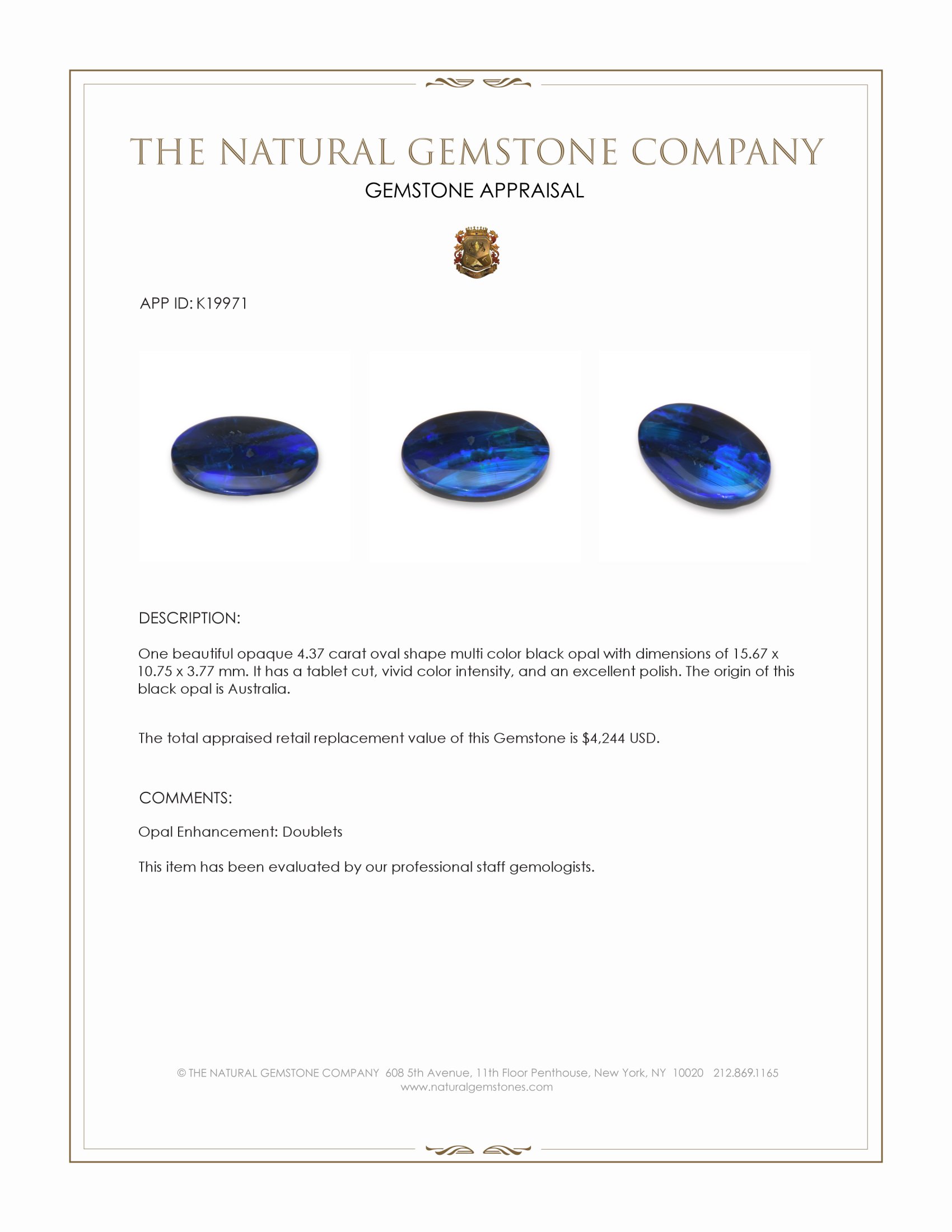 4.37 Ct. Multi Color Black Opal from Australia