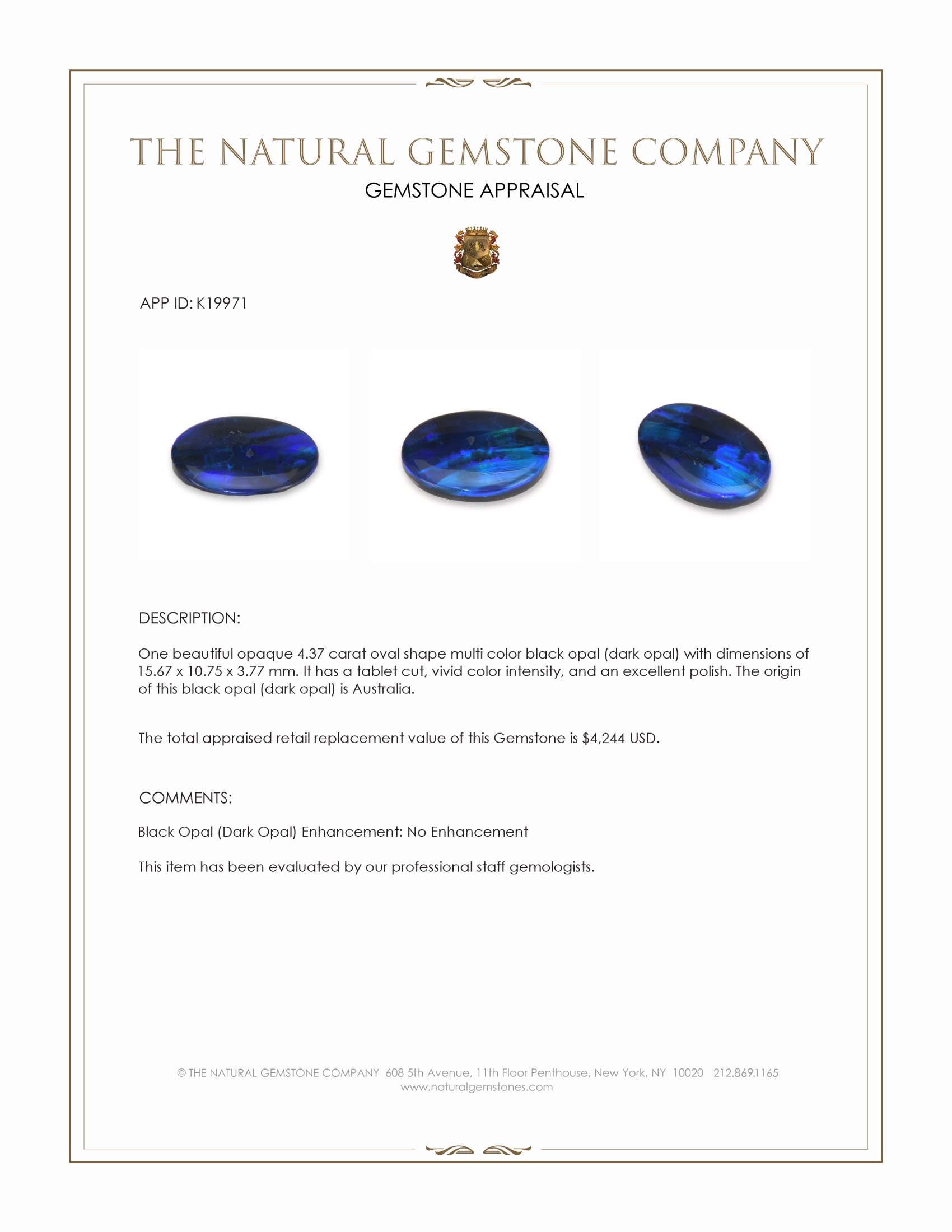 4.37 Ct. Multi Color Black Opal (Dark Opal) from Australia
