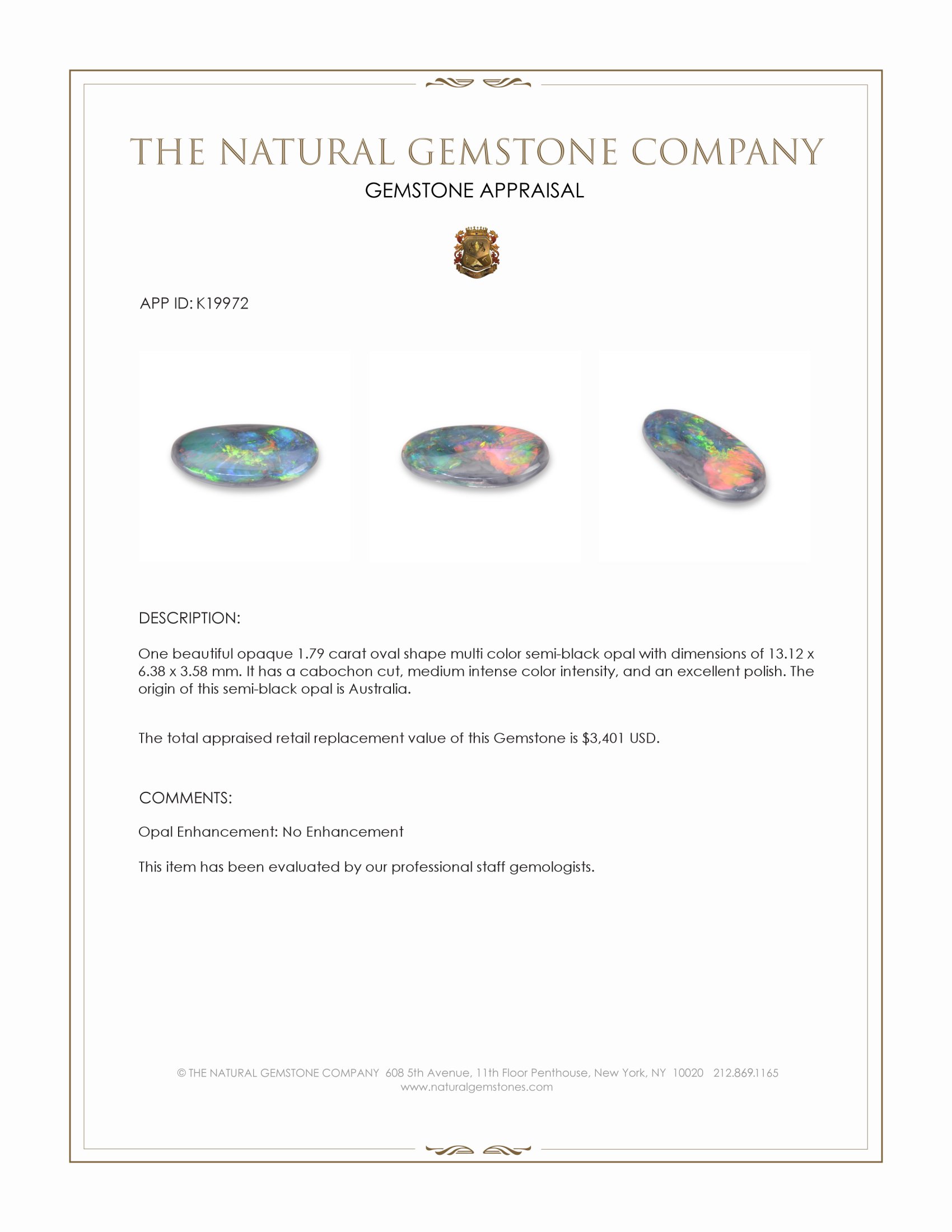 1.79 Ct. Multi Color Cabochon Semi-Black Opal from Australia