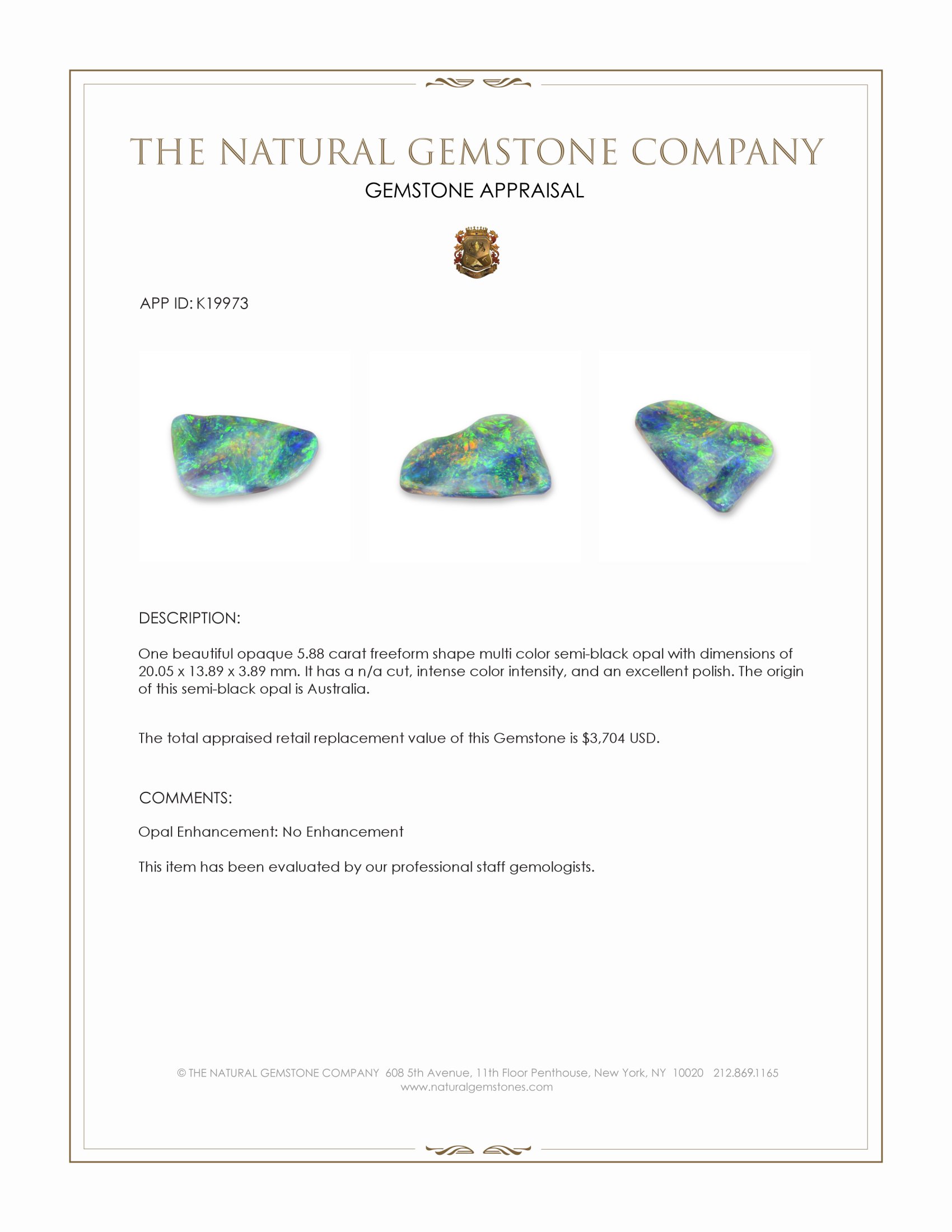 5.88 Ct. Multi Color Cabochon Semi-Black Opal from Australia